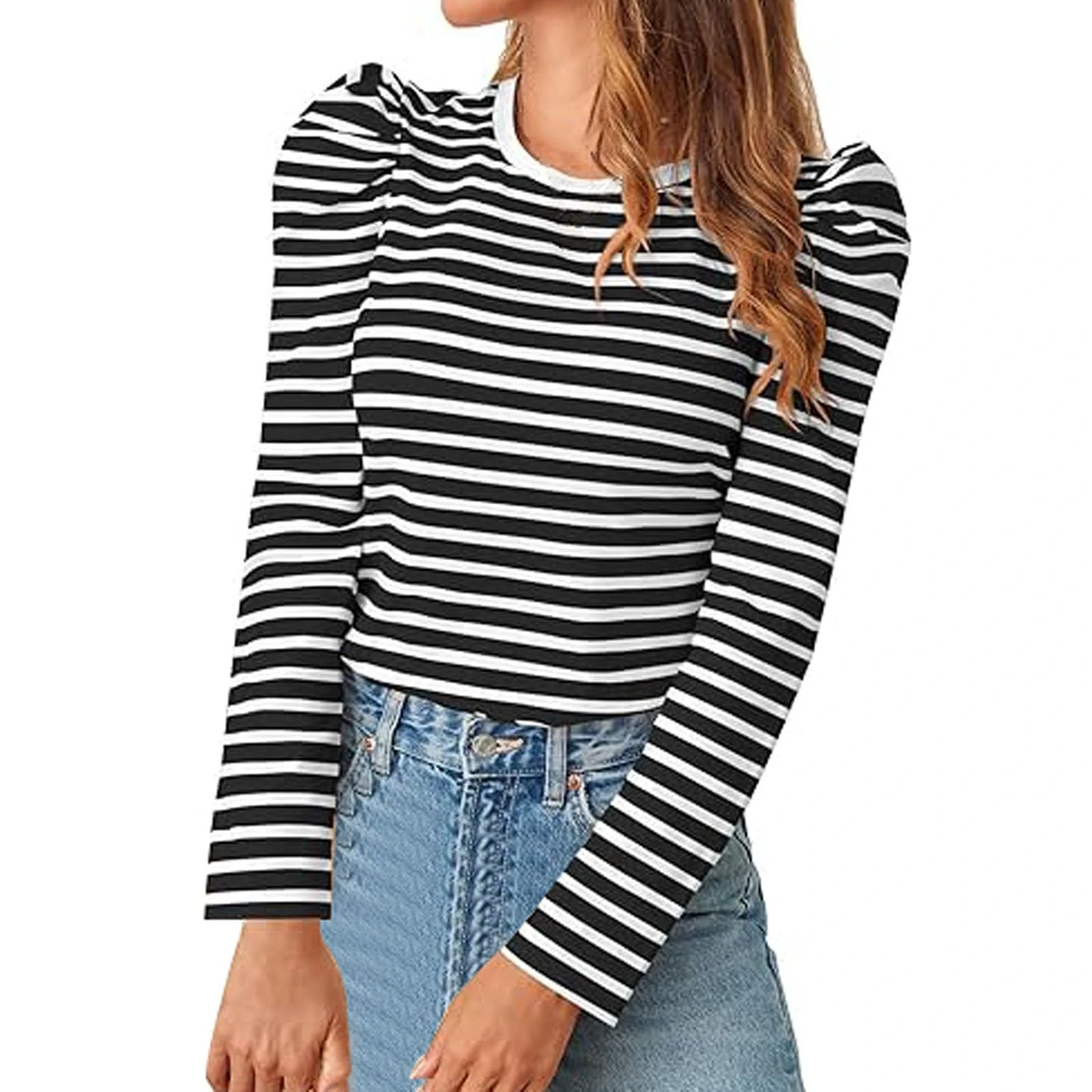 Striped Tops for Women UK Fashion Fitted Puff Long Sleeve Round Neck Tee Blouse Ladies Summer Spring Casual Stripes Tunic Tops Undershirts Black