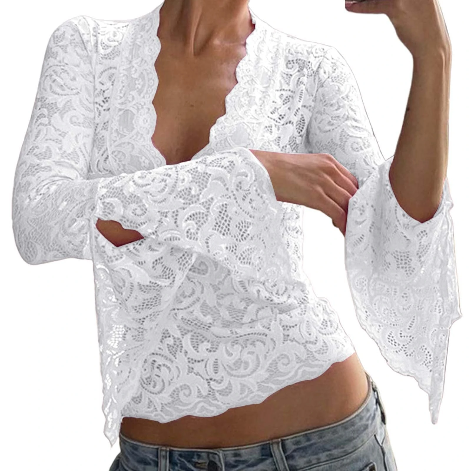 PAIDAXING Women's Y2k Lace Long Sleeve Crop Tops Sexy Sheer See Through Deep V Neck T Shirts Slim Fit Low Cut Floral Embroidery Blouse Going Out Party Tops Clubwear Concert Clothes