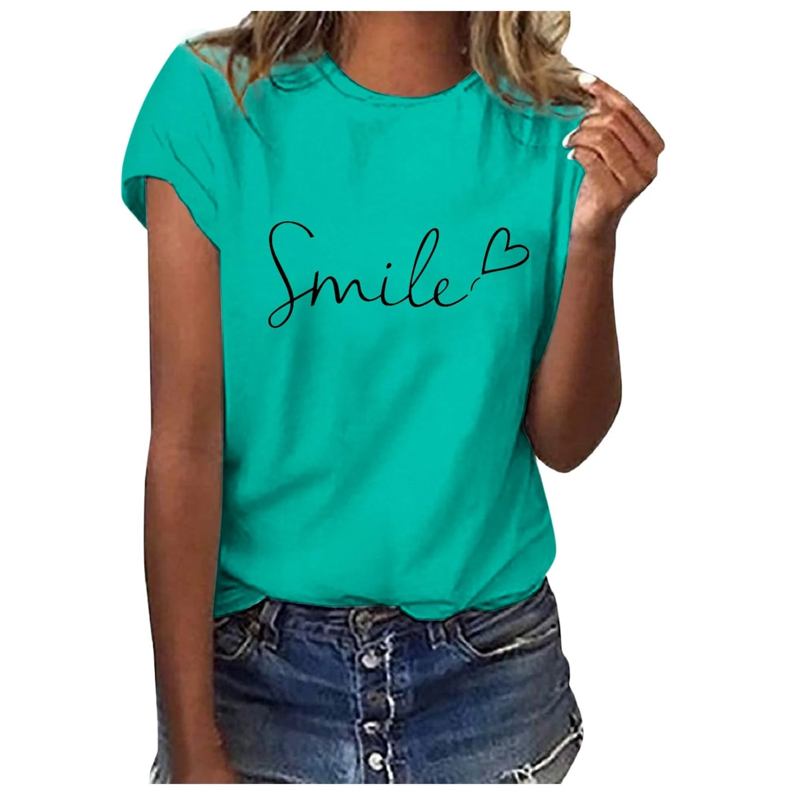Women's Smile Letter Print Crew Neck Regular Fit T Shirt Summer Comfy Soft Short Sleeve Pullover Tops Ladies Fashion Tees Going Out Tops