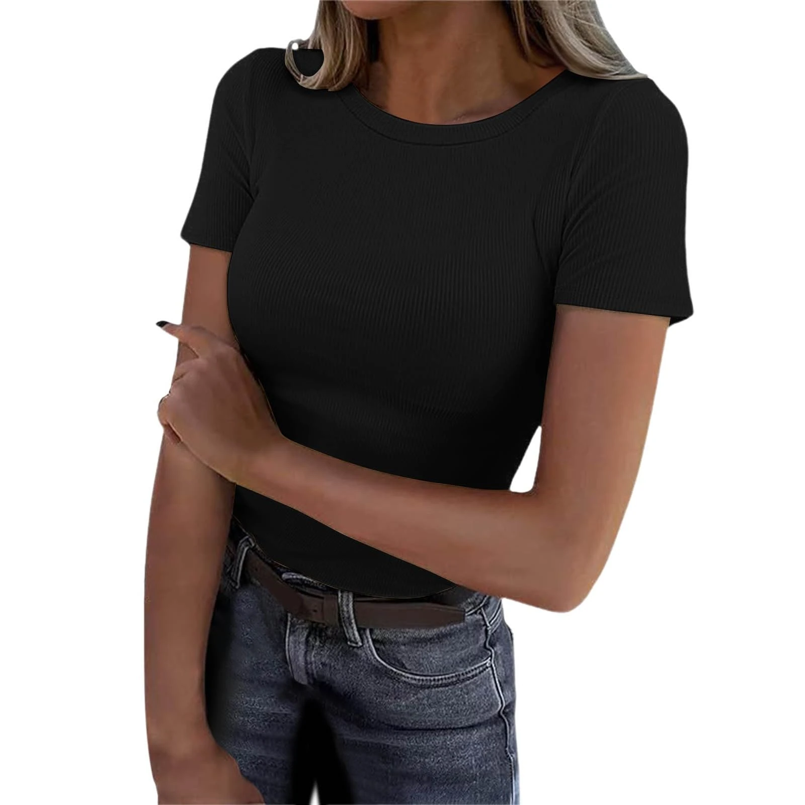 Women's Short Sleeve Ribbed Tops Summer Crew Neck Slim Fit Basic Solid Color Tees Ladies Casual Crooped Going Out Tops T Shirts