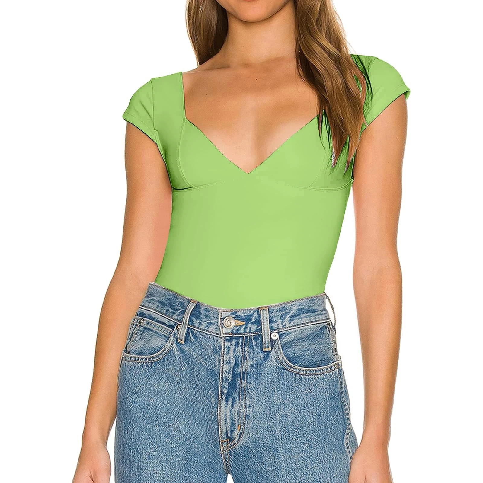 PAIDAXING Tops for Women UK Deep V Neck Short Sleeve Sexy Slim Fitted Crop Tops Casual Summer Basic Tees Skinny Pullover T Shirts Ladies Trendy Streetwear Soft Going Tops Green