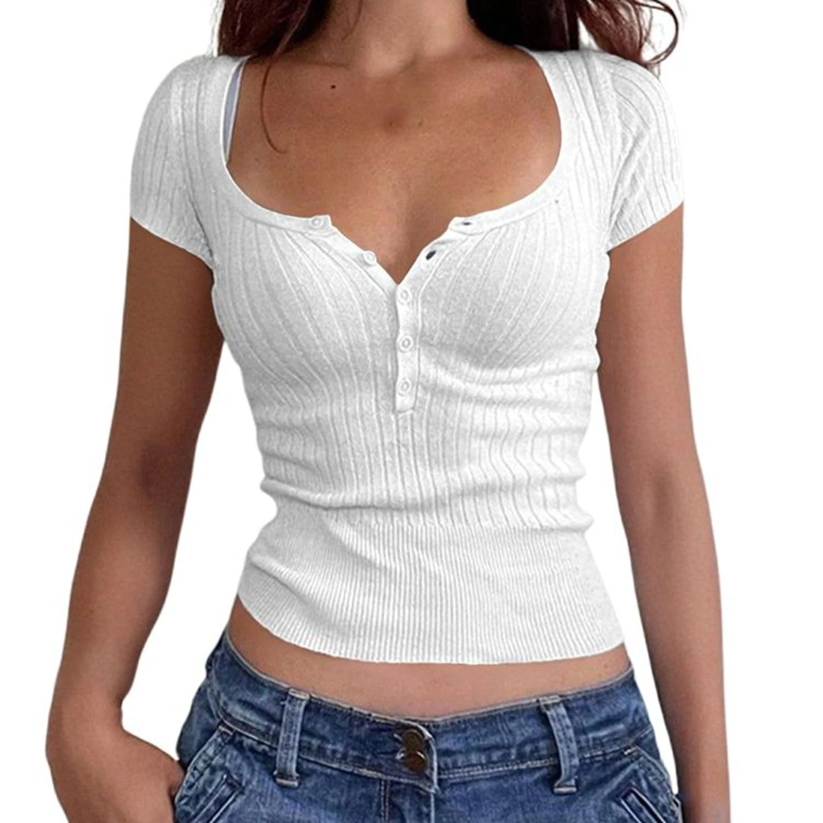 Women's Slim Fitted Knit Crop Tops Sexu Square Neck Short Sleeve Button Down Tee Blouse Ladies Summer Casual Y2K Tight Shirts Streetwear White