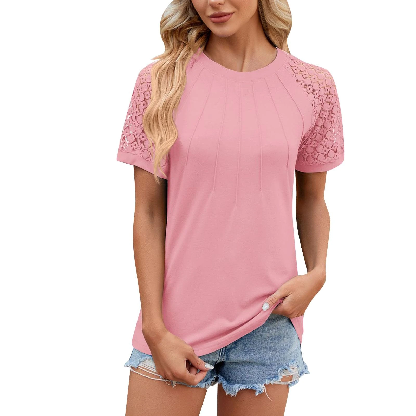 Tshirts for Women UK Casual Round Neck Short Sleeve Lace Hollow Out Tops Summer Fashion Loose Fit Ladies Boho Tee Blouse Soft T Shirts 2025 Clothes Pink