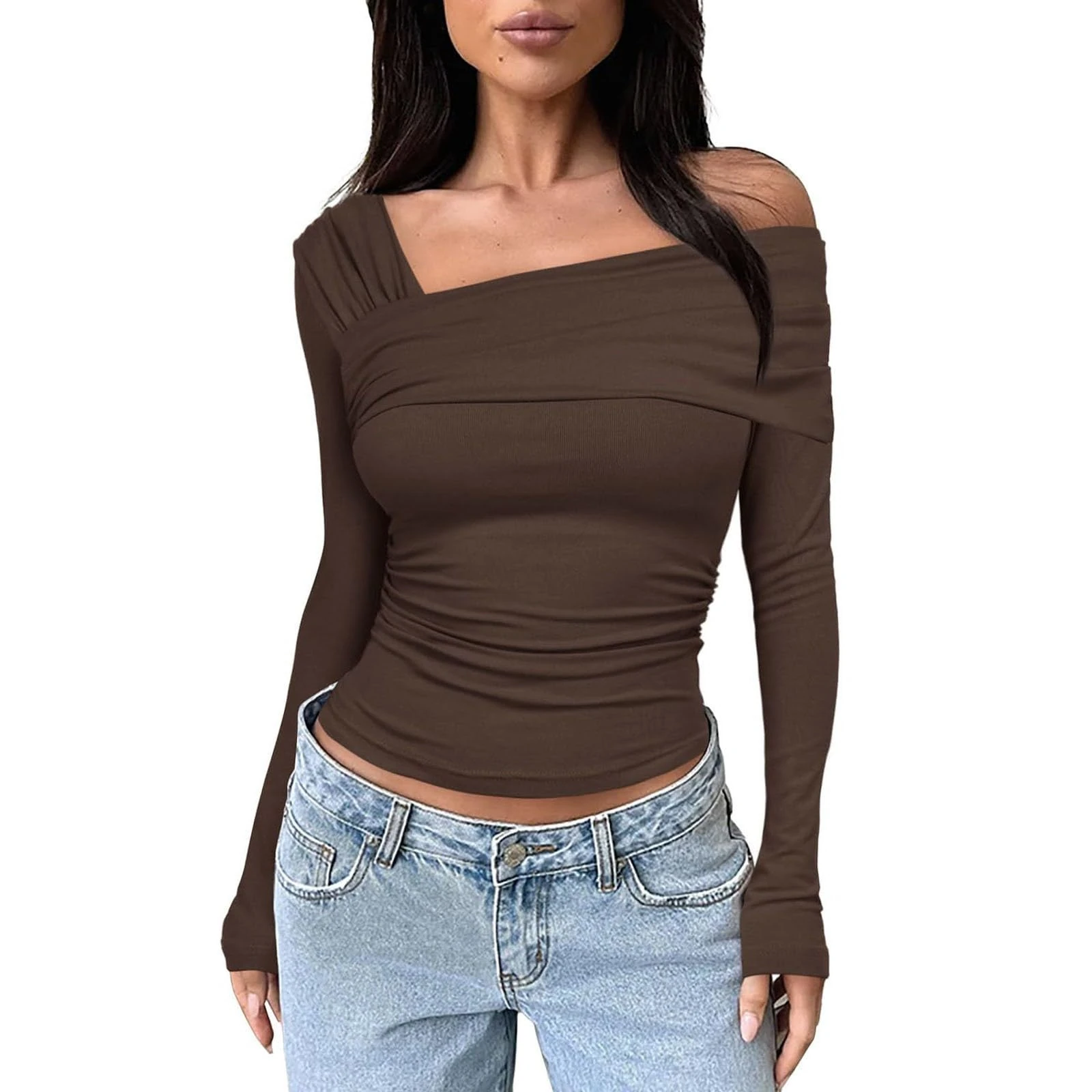 Womens Long Sleeve One Off Shoulder Ruched Going Out Tops Ribben Knit Slim Fit Blouse T Shirts Ladies Summer Trendy Y2K Crop Tops Fashion Basic Streetwear