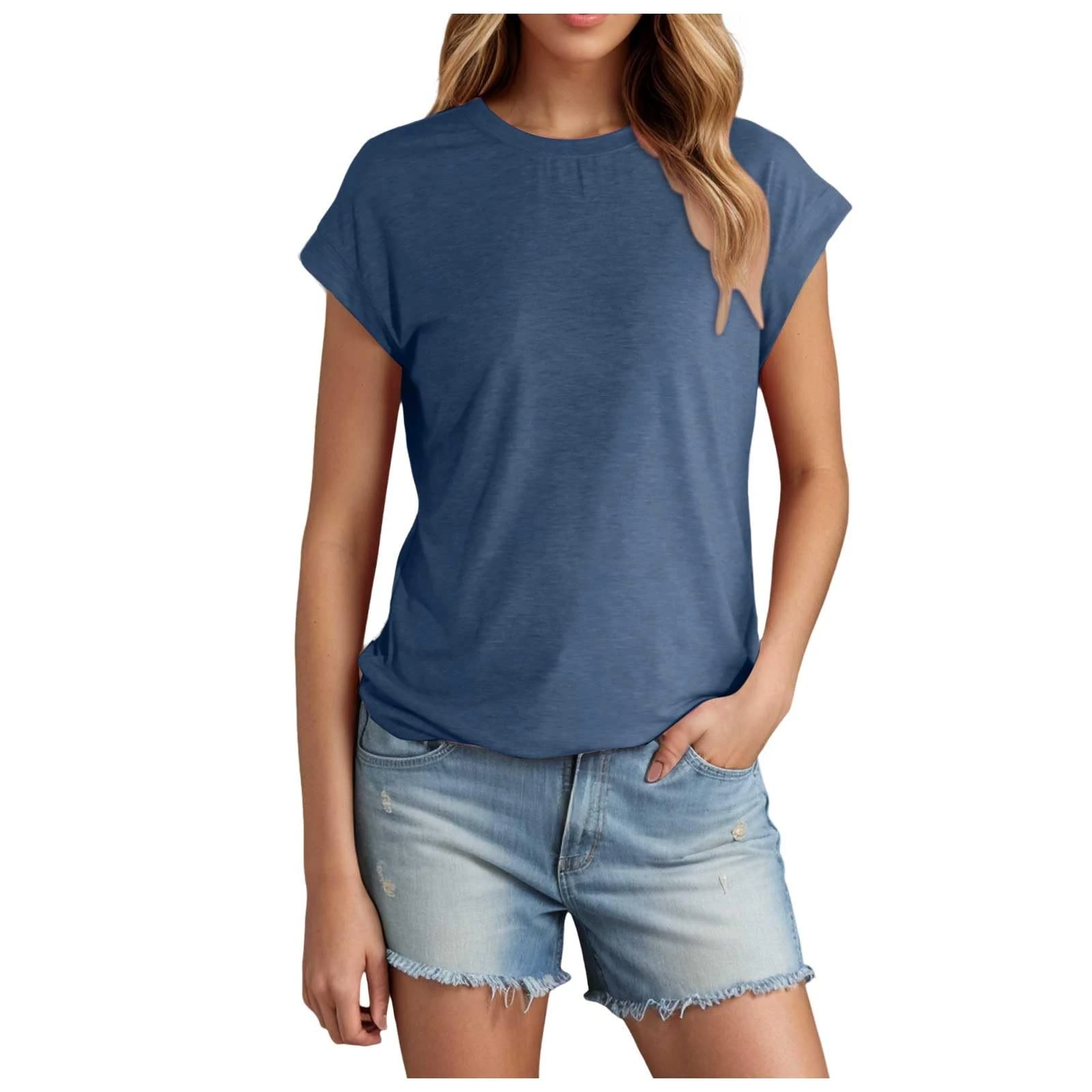 PAIDAXING Women's Trendy Summer Cotton T Shirts Crew Neck Short Sleeve Tunic Blouse Tops Ladies Summer Solid Color Casual Loose Basic Tee Shirts 2025 Blue