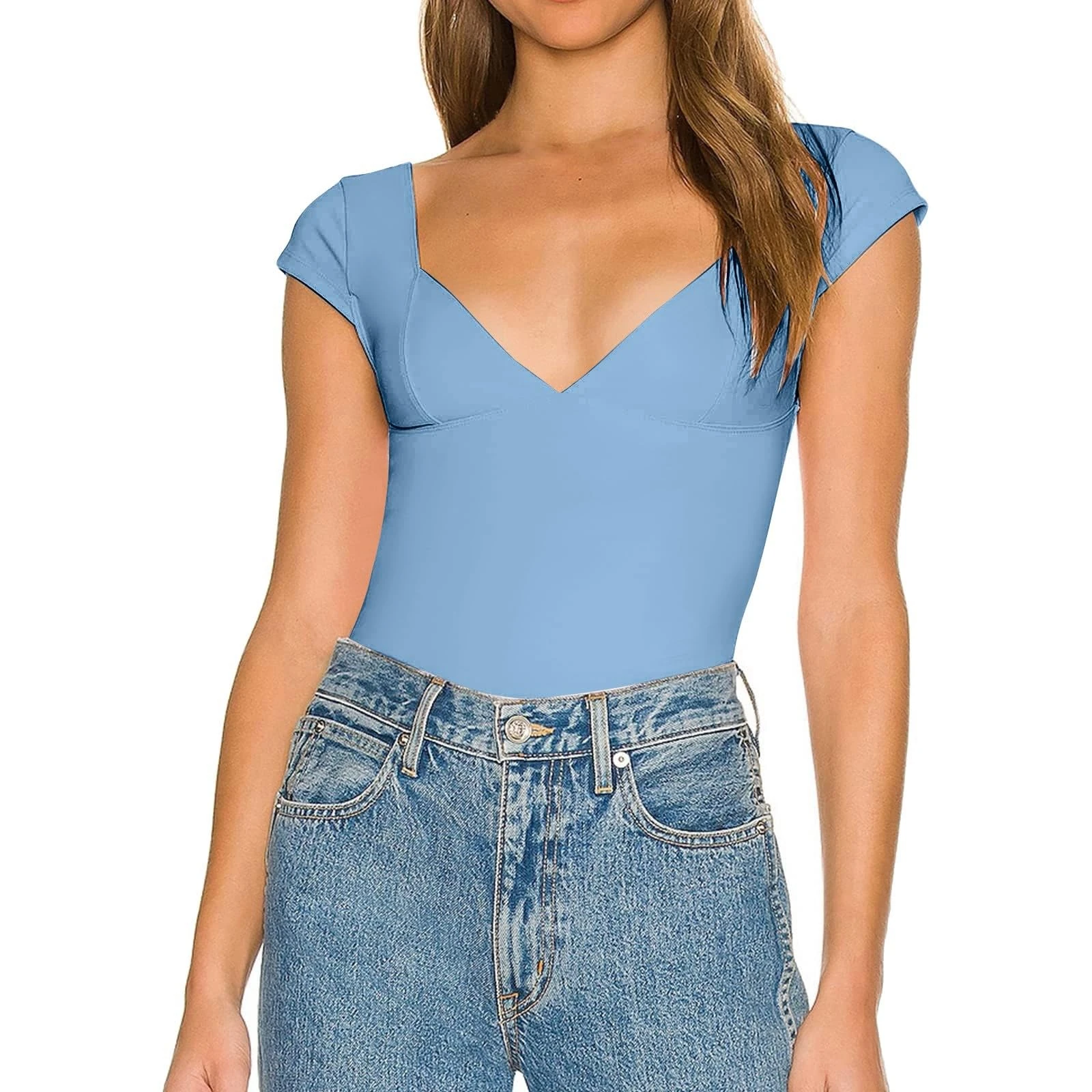 PAIDAXING Tops for Women UK Deep V Neck Short Sleeve Sexy Slim Fitted Crop Tops Casual Summer Basic Tees Skinny Pullover T Shirts Ladies Trendy Streetwear Soft Going Tops Blue