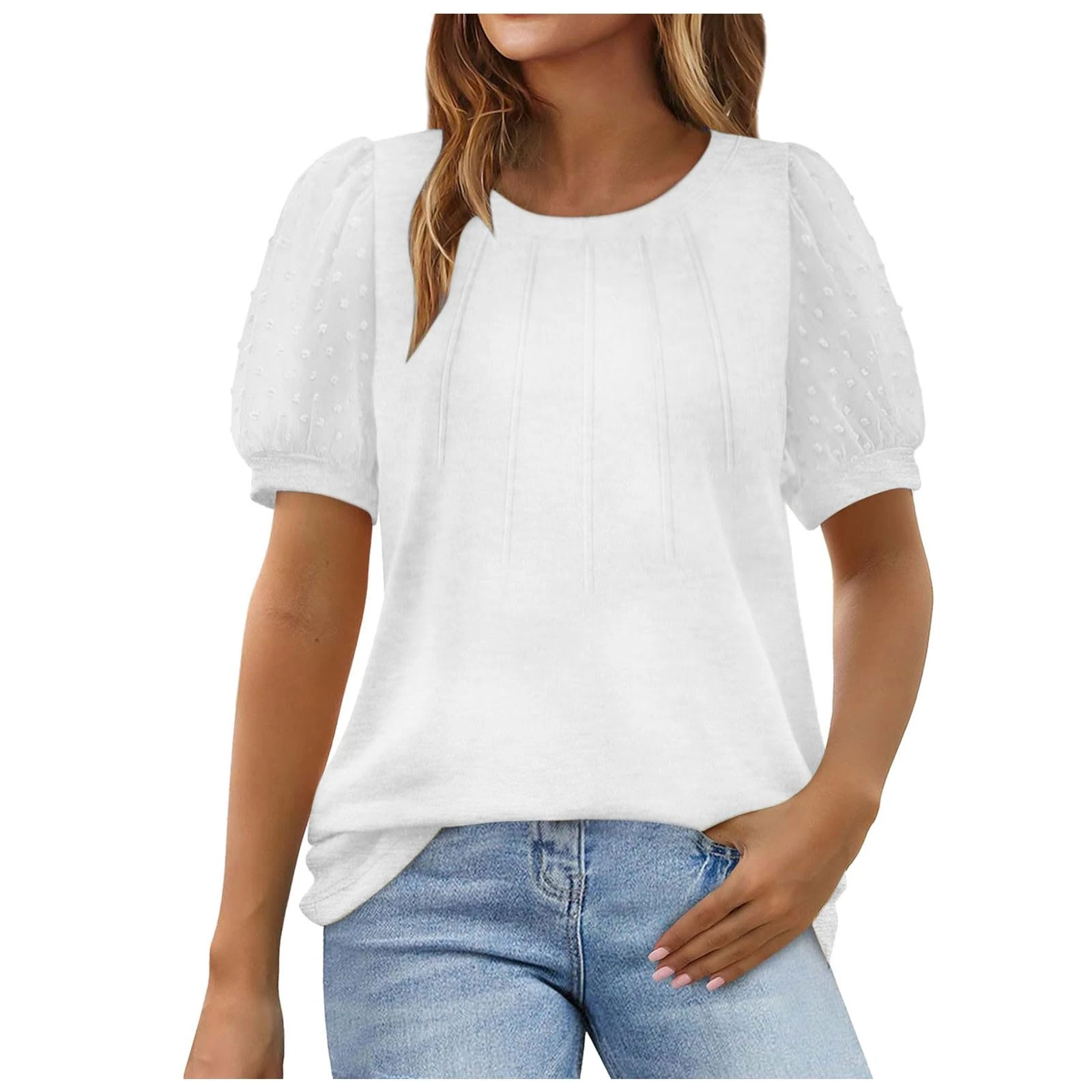 Tops for Women UK Crew Neck Puff Short Sleeve Dressy Blouse Shirts Loose Fit Solid Color Ladies Summer Casual Work Office Tee Tops 2025 White
