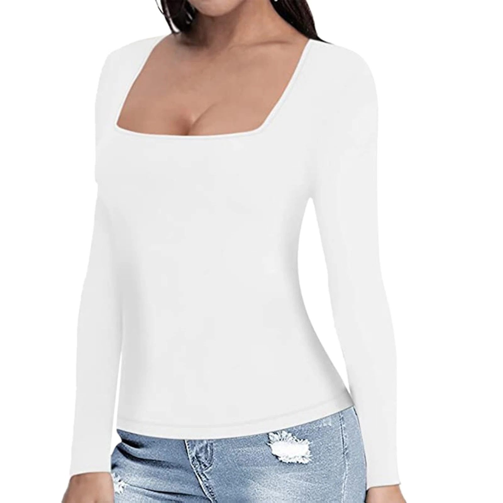 Womens Fashion Square Neck Long Sleeve Fitted Crop Tops Summer Csual Solid Color Basic Tee Blouses Ladies Comfy Soft Tigt Undershirt Streetwear White