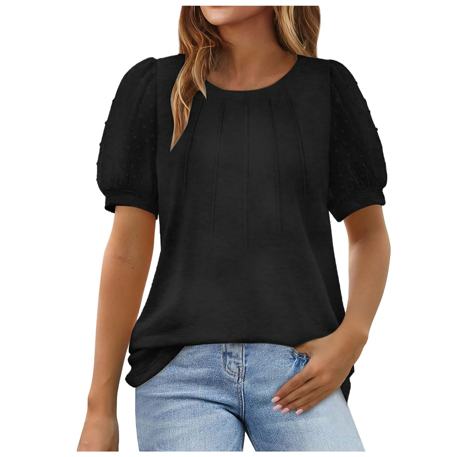 Tops for Women UK Crew Neck Puff Short Sleeve Dressy Blouse Shirts Loose Fit Solid Color Ladies Summer Casual Work Office Tee Tops 2025 Black