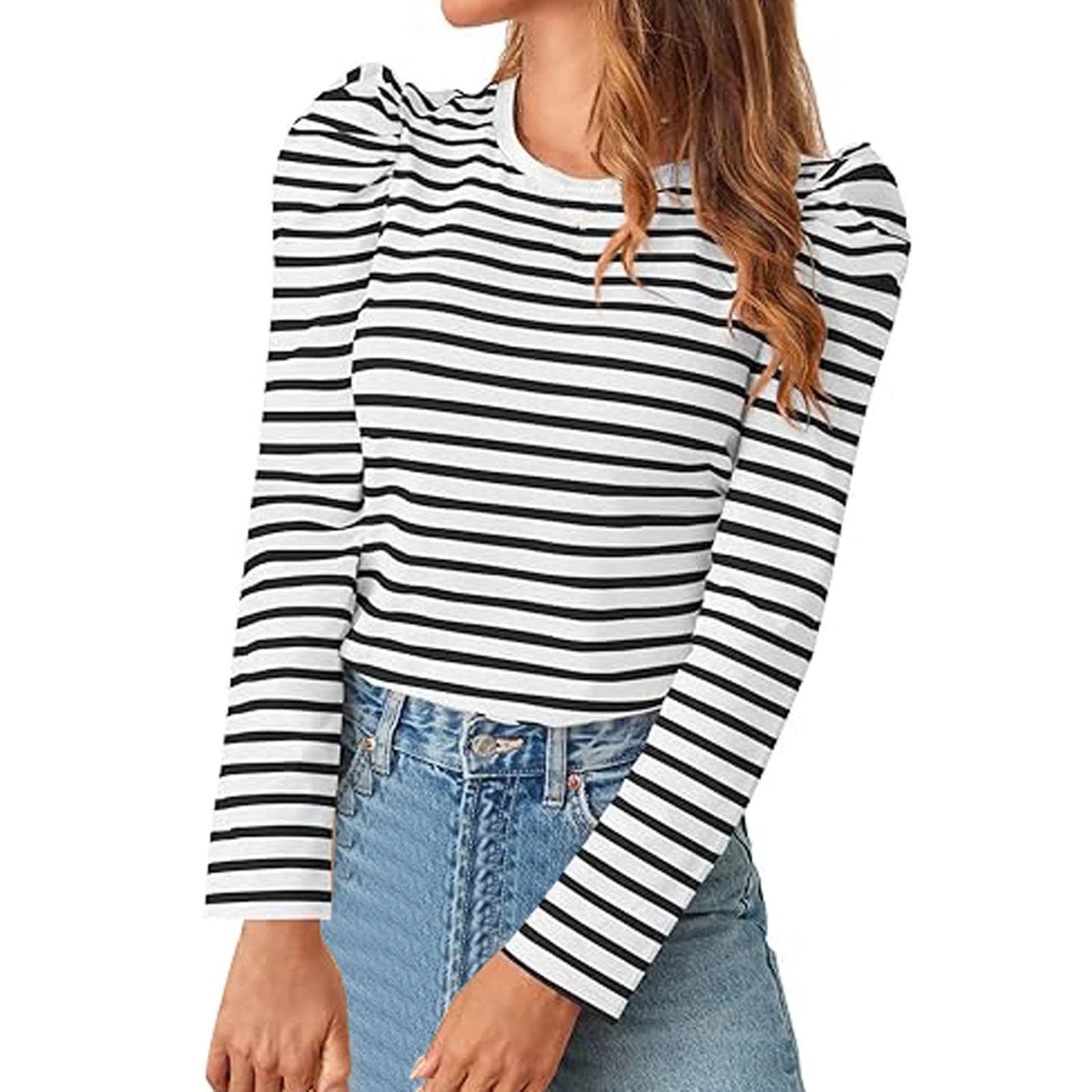 Striped Tops for Women UK Fashion Fitted Puff Long Sleeve Round Neck Tee Blouse Ladies Summer Spring Casual Stripes Tunic Tops Undershirts White