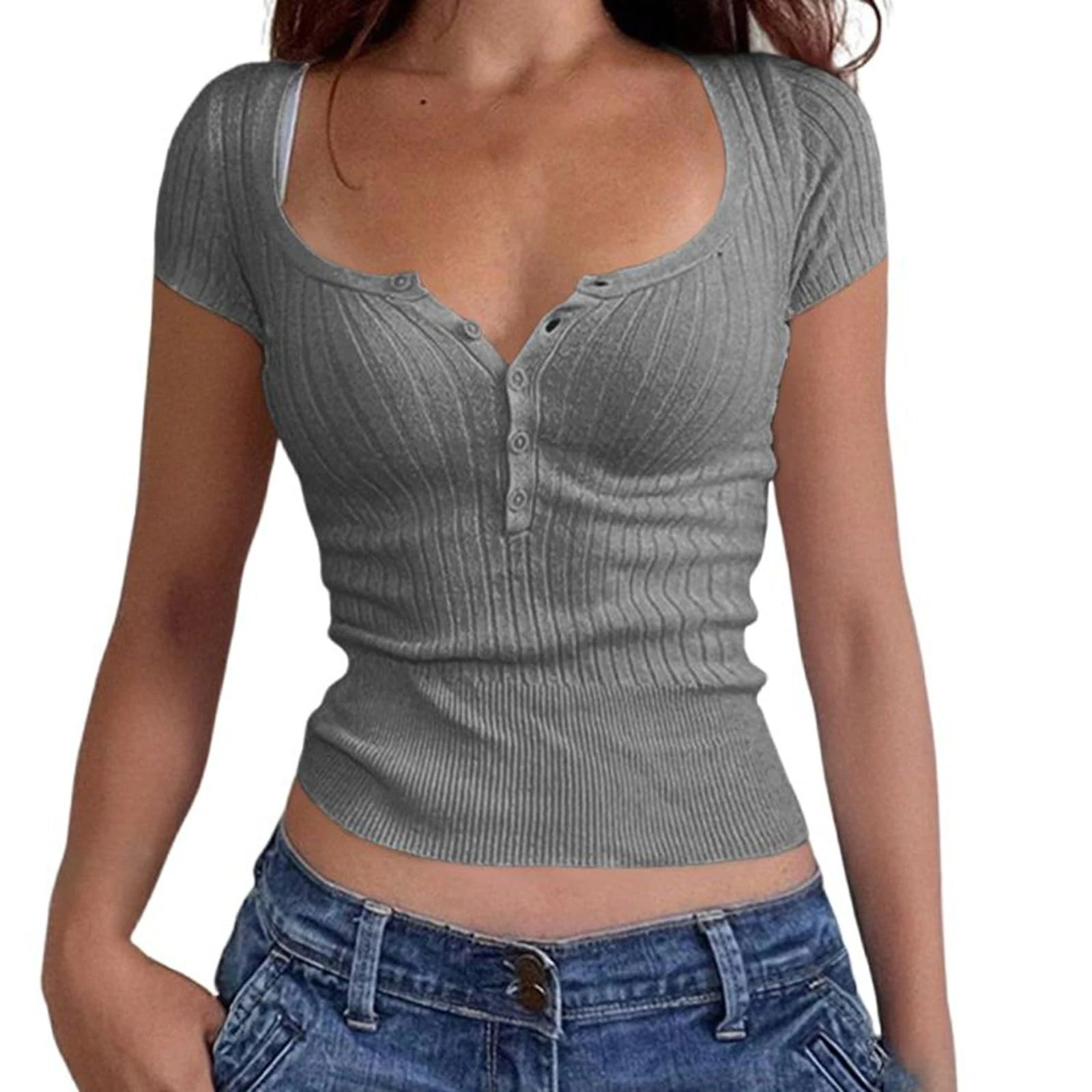 Women's Slim Fitted Knit Crop Tops Sexu Square Neck Short Sleeve Button Down Tee Blouse Ladies Summer Casual Y2K Tight Shirts Streetwear Grey