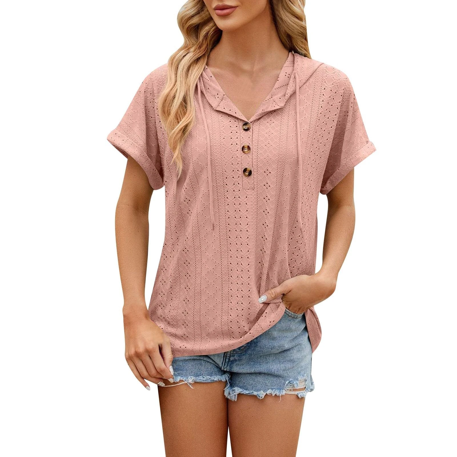 Blouses for Women UK V Neck Hollow Out Lace Embroidered Hooded Tops Solid Color Button Down Dressy Shirts Chic Buttons Cuffs Ladies Summer Tees