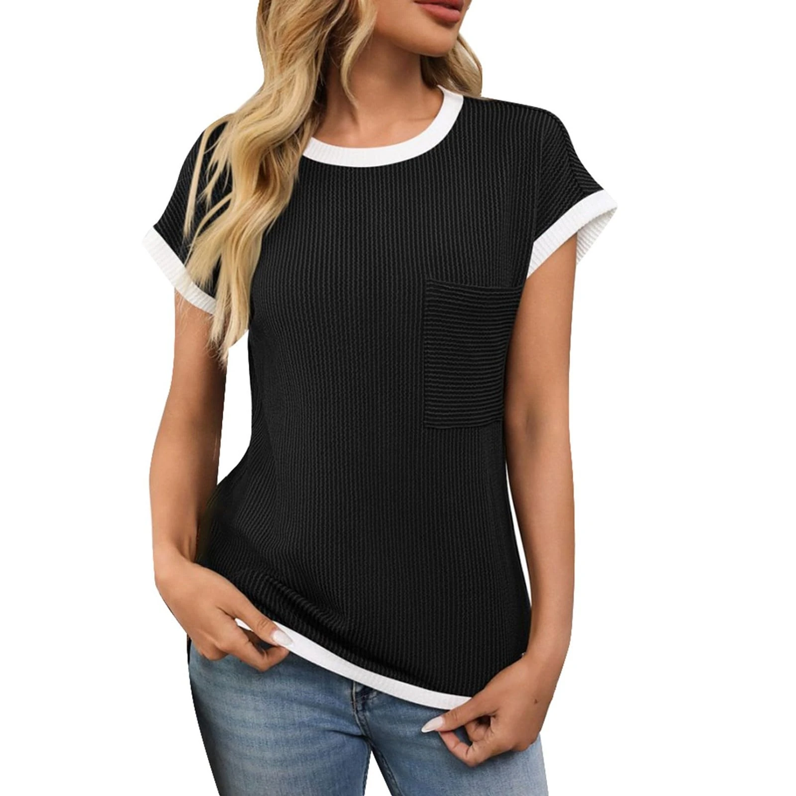 Womens Ribben Knit Short Sleeve Tops Ladies Summer Comfy Soft Crew Neck Pullover Tees Color Block Basic Fitted T Shirts Blouse Sports Running Activewear Black