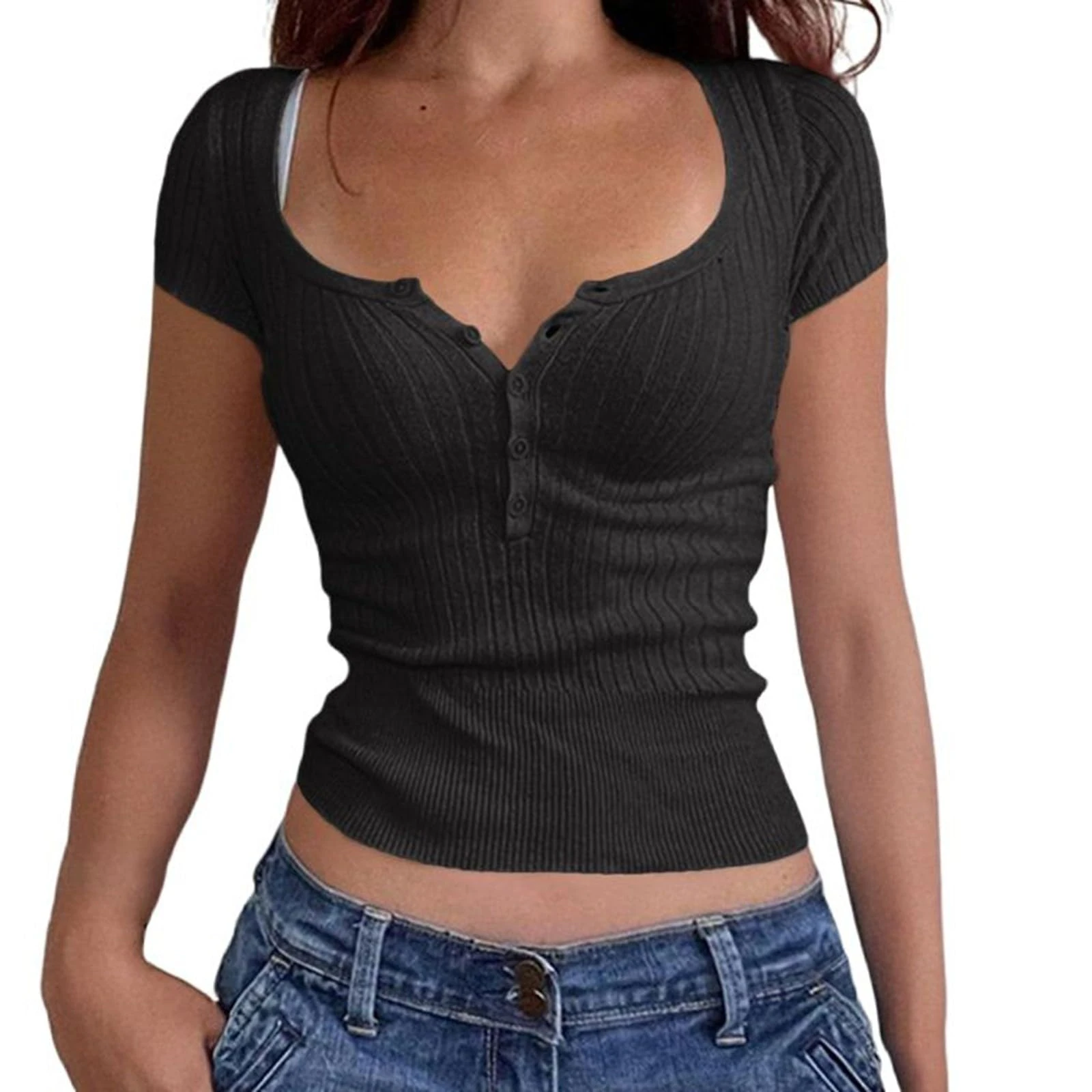 Women's Slim Fitted Knit Crop Tops Sexu Square Neck Short Sleeve Button Down Tee Blouse Ladies Summer Casual Y2K Tight Shirts Streetwear Black