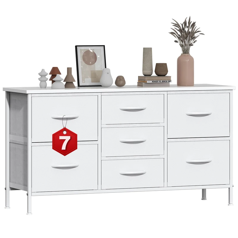 GoaHi Chest of Drawers, Small Dressers with Metal Frame and MDF Wooden Top Board, Adjustable Feet, Anti-Tip Safety, Storage Unit with 7 Drawers for Bedroom, Living Room, Closet, Office White