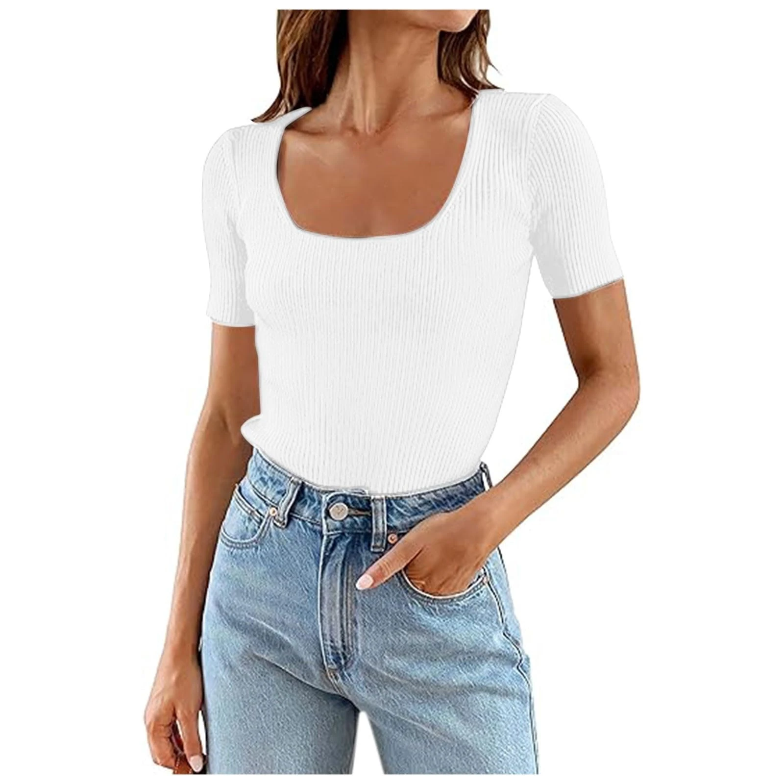 PAIDAXING Knit Tops for Women UK Casual Scoop Neck Short Sleeve Ribbrn Crop Tops Slim Fit Solid Color Basic Tees Ladies Summer Trendy Tight Blouse T Shirts White