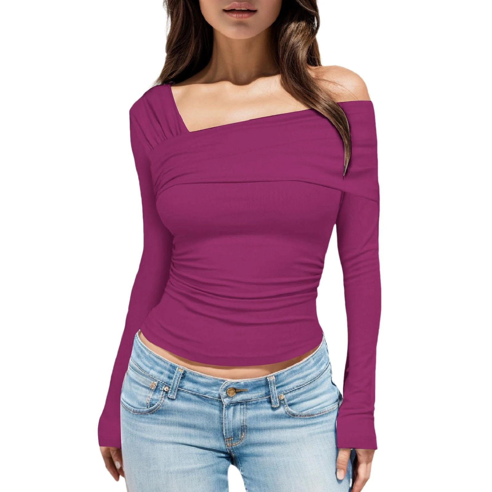 Womens Long Sleeve One Off Shoulder Ruched Going Out Tops Ribben Knit Slim Fit Blouse T Shirts Ladies Summer Trendy Y2K Crop Tops Fashion Basic Streetwear