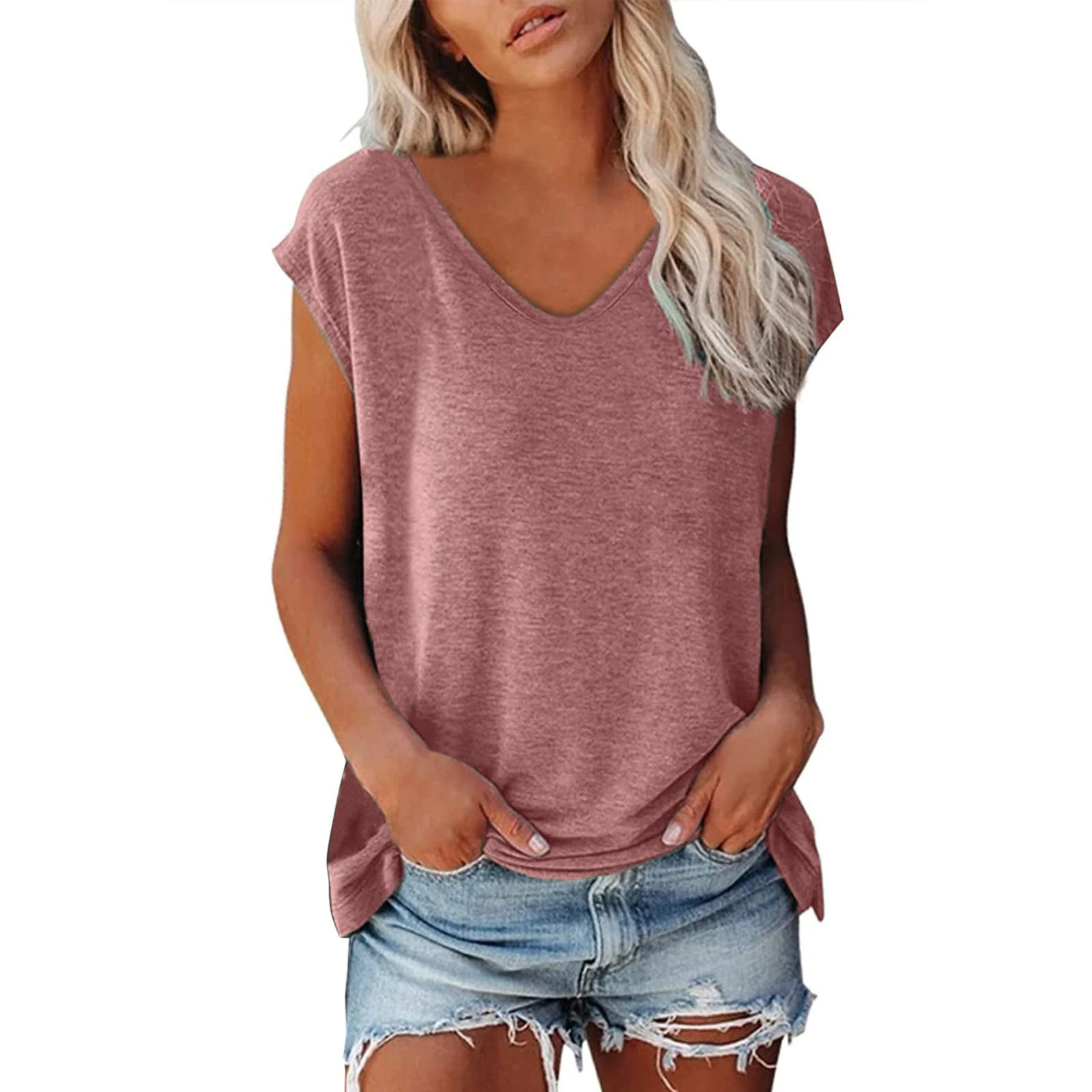 Women's Summer T Shirts Short Sleeve V Neck Tunic Tops Casual Loose Fit Solid Color Tees Ladies Comfy Soft Workout Yoga Vest Tops Blouse