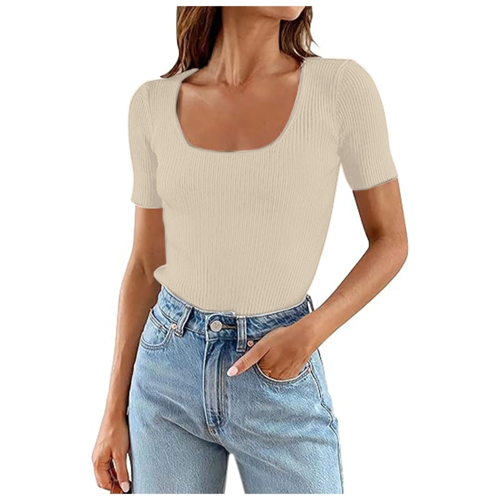 PAIDAXING Knit Tops for Women UK Casual Scoop Neck Short Sleeve Ribbrn Crop Tops Slim Fit Solid Color Basic Tees Ladies Summer Trendy Tight Blouse T Shirts Beige