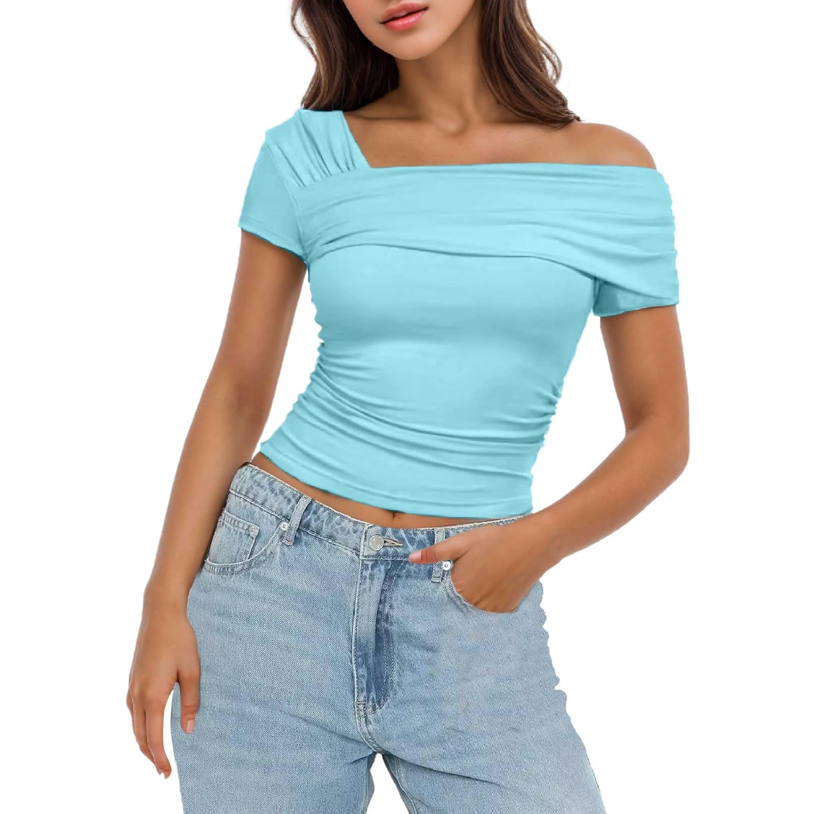 Women's One Off Shoulder Short Sleeve/Sleeveless Going Out Tops Ruched Slim Fit Y2K Grunge T Shirt Solid Color Basic Summer Tees Fashion Streetwear Blue