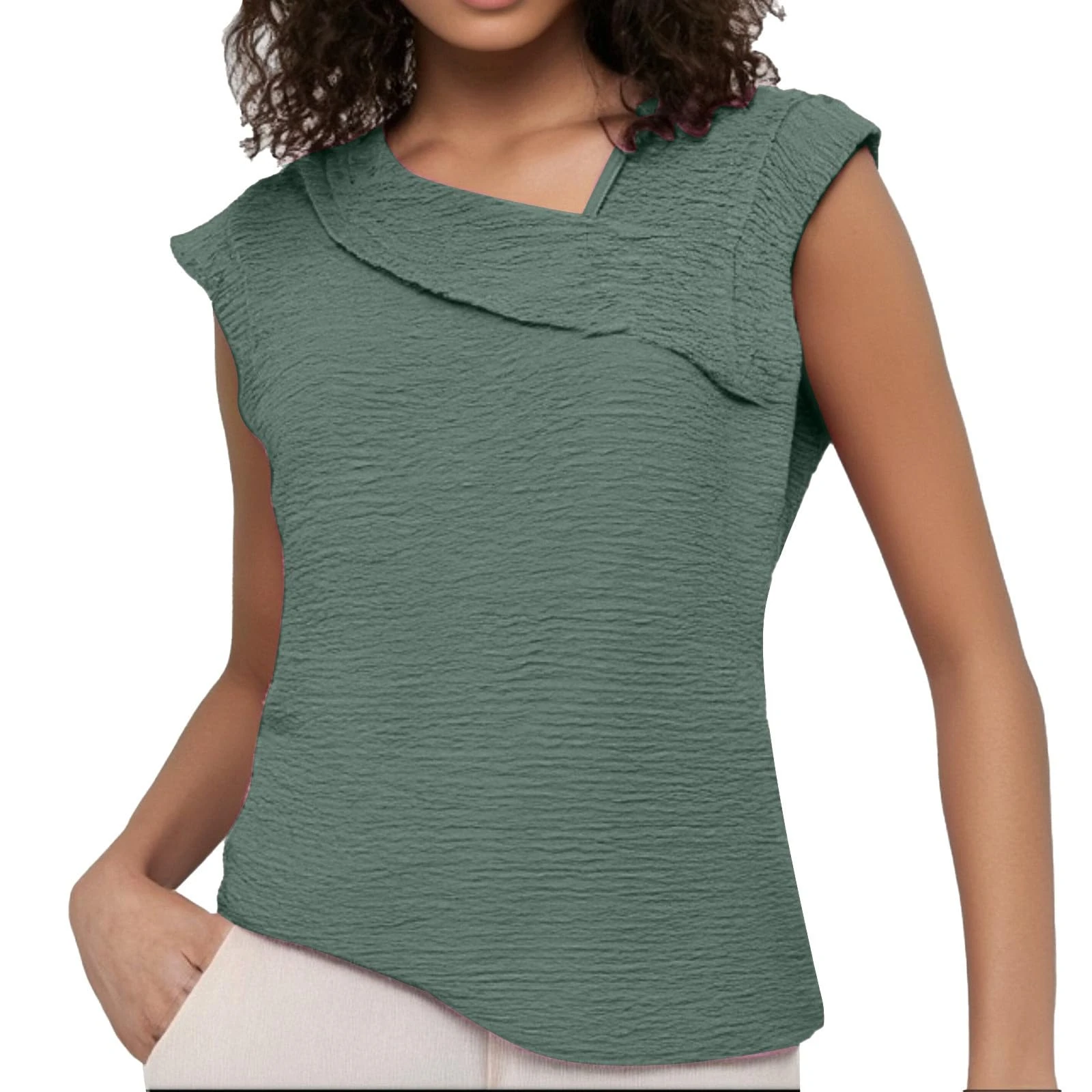 Women's Irregular Neckline Cap Sleeve Tunic Tops Solid Color Texture Dressy Tee Shirts Ladies Summer Fashion Work Office Blouse Shirt Casual Clothes Mint Green