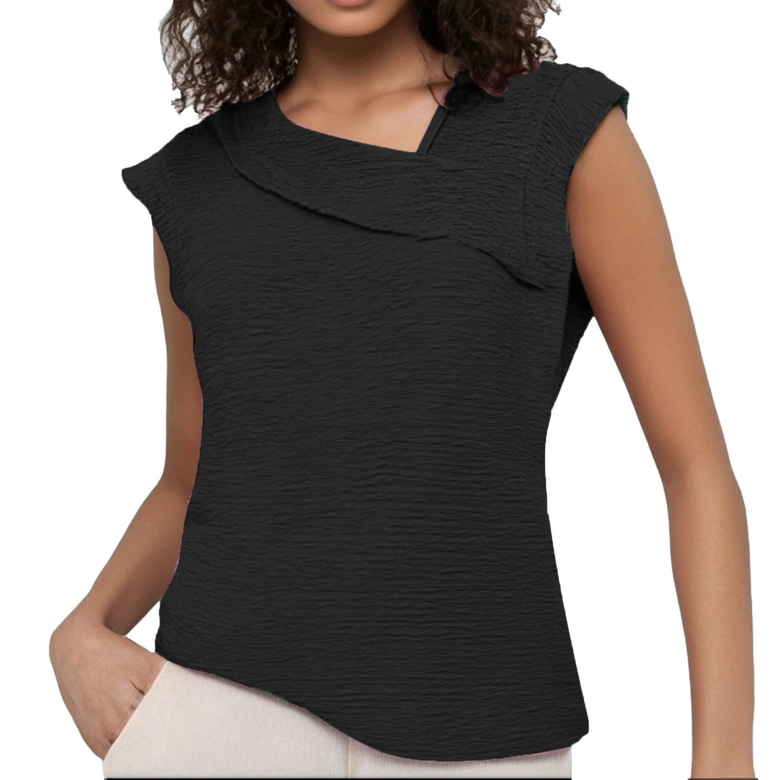 Women's Irregular Neckline Cap Sleeve Tunic Tops Solid Color Texture Dressy Tee Shirts Ladies Summer Fashion Work Office Blouse Shirt Casual Clothes Black