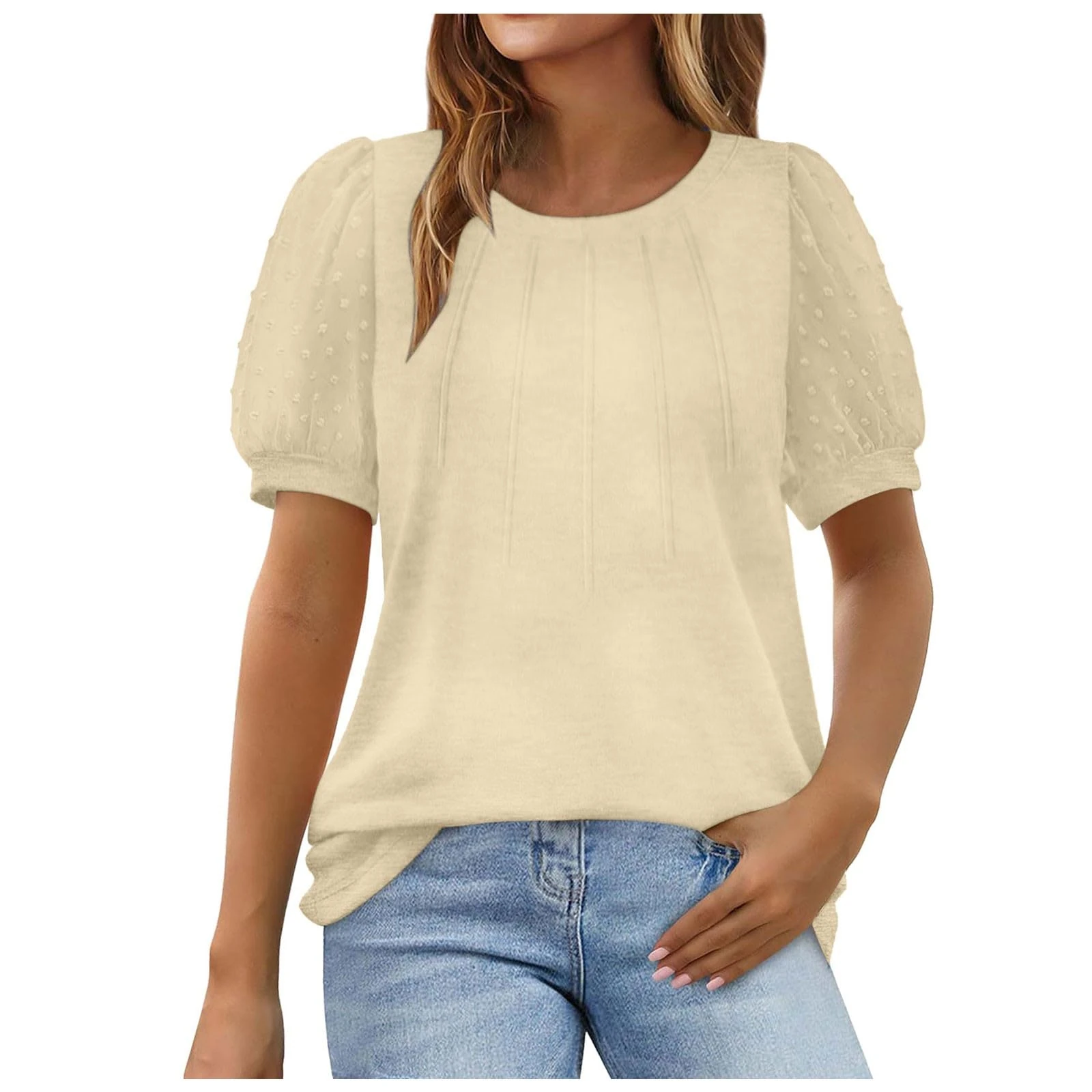 Tops for Women UK Crew Neck Puff Short Sleeve Dressy Blouse Shirts Loose Fit Solid Color Ladies Summer Casual Work Office Tee Tops 2025 Beige