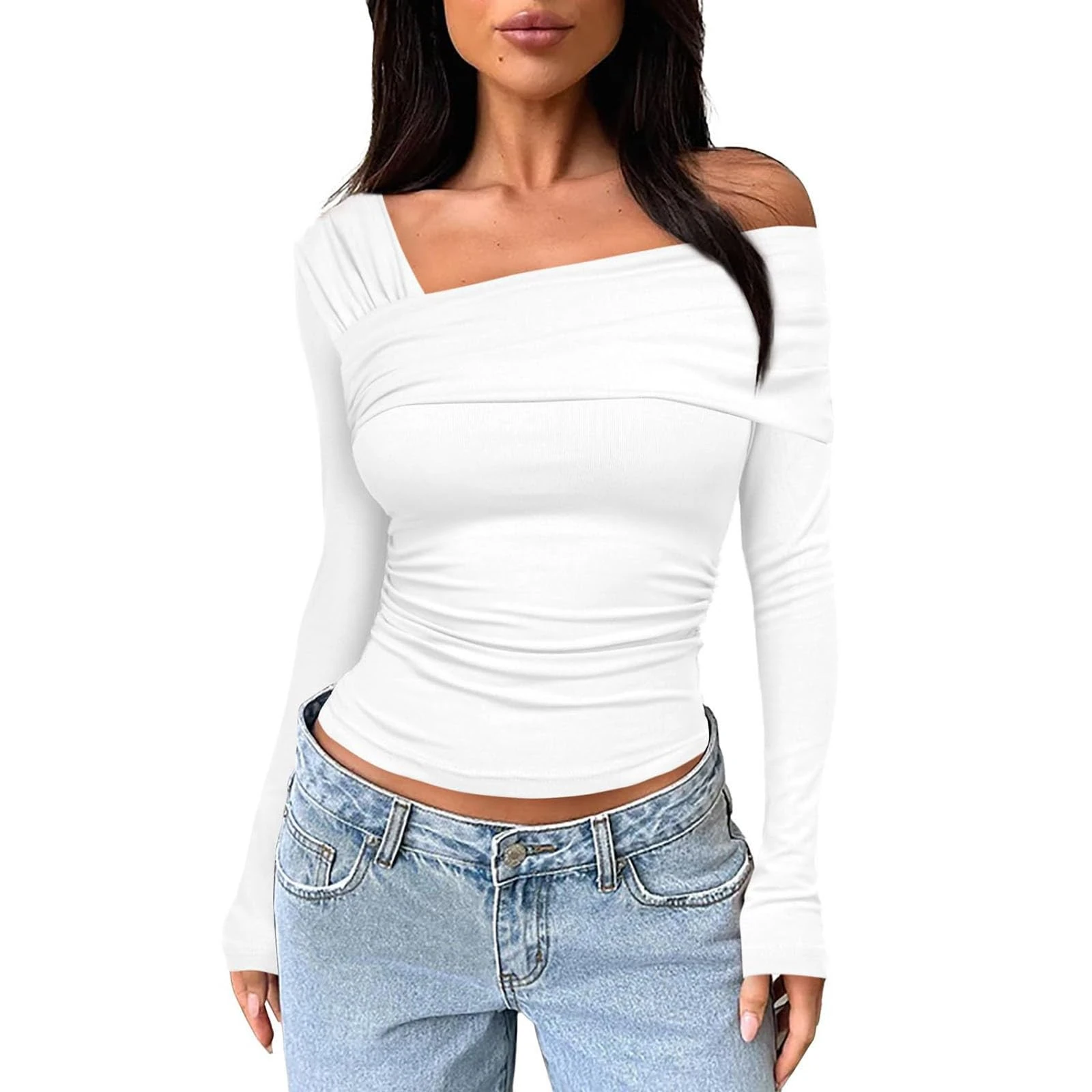 Womens Long Sleeve One Off Shoulder Ruched Going Out Tops Ribben Knit Slim Fit Blouse T Shirts Ladies Summer Trendy Y2K Crop Tops Fashion Basic Streetwear
