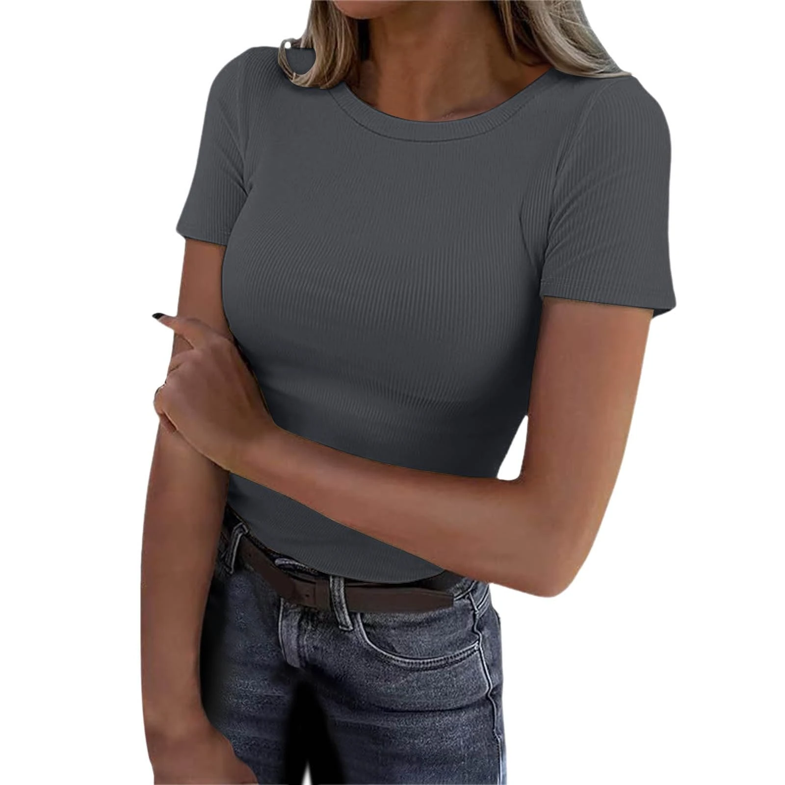 Women's Short Sleeve Ribbed Tops Summer Crew Neck Slim Fit Basic Solid Color Tees Ladies Casual Crooped Going Out Tops T Shirts