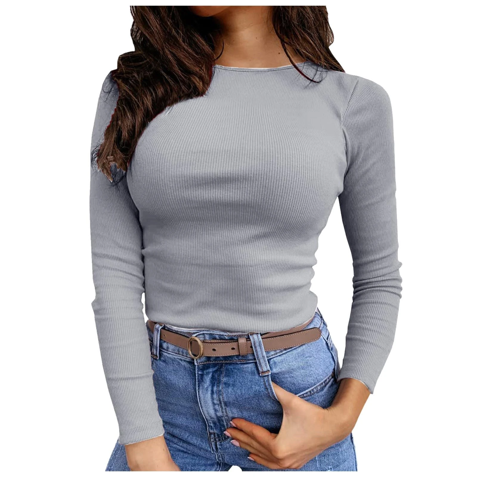 Women's Long Sleeve Ribbed Knit Fitted Crop Tops Basic Solid Color Tees Casual Ladies Crew Neck Slim Summer T Shirts Streetwear