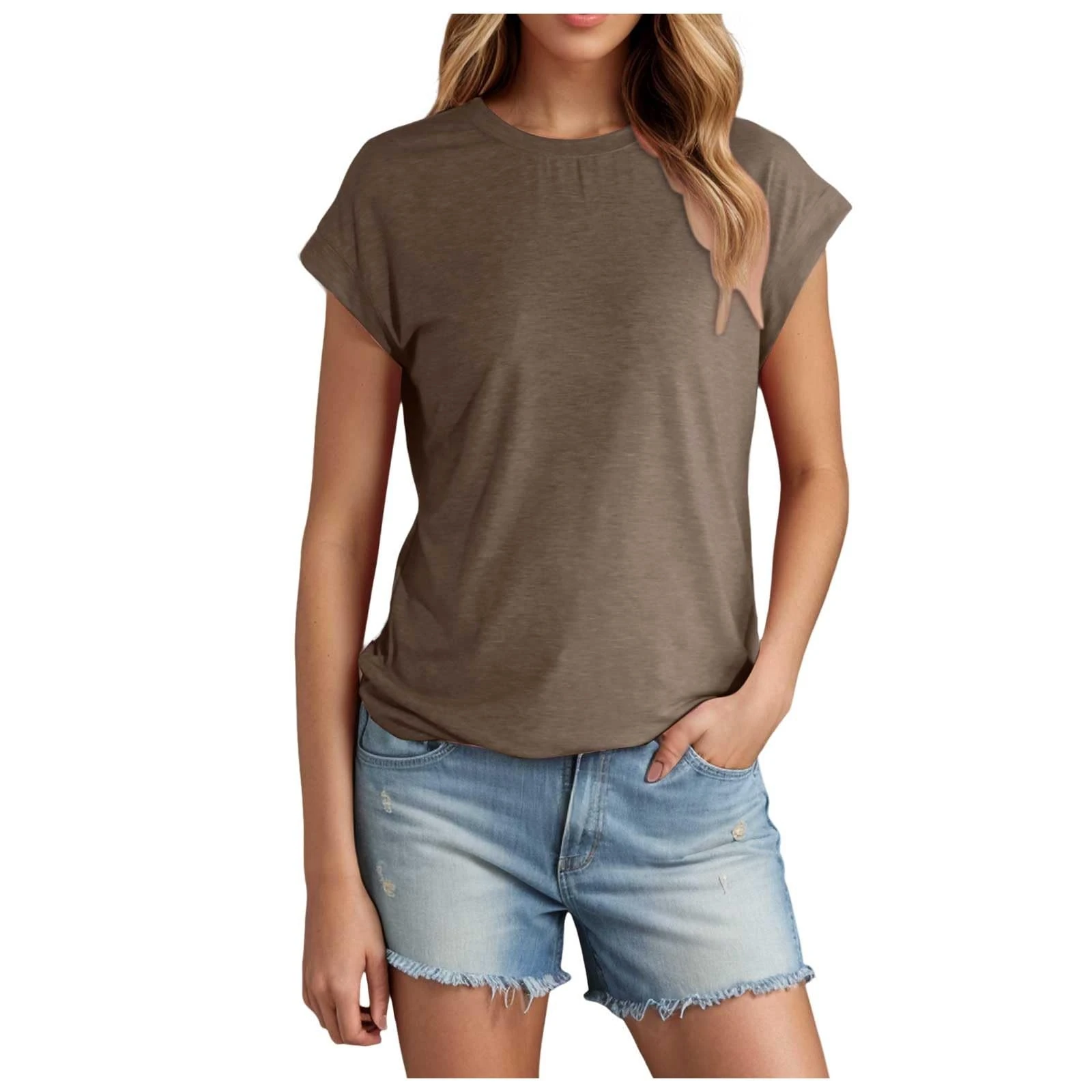 PAIDAXING Women's Trendy Summer Cotton T Shirts Crew Neck Short Sleeve Tunic Blouse Tops Ladies Summer Solid Color Casual Loose Basic Tee Shirts 2025 Coffee