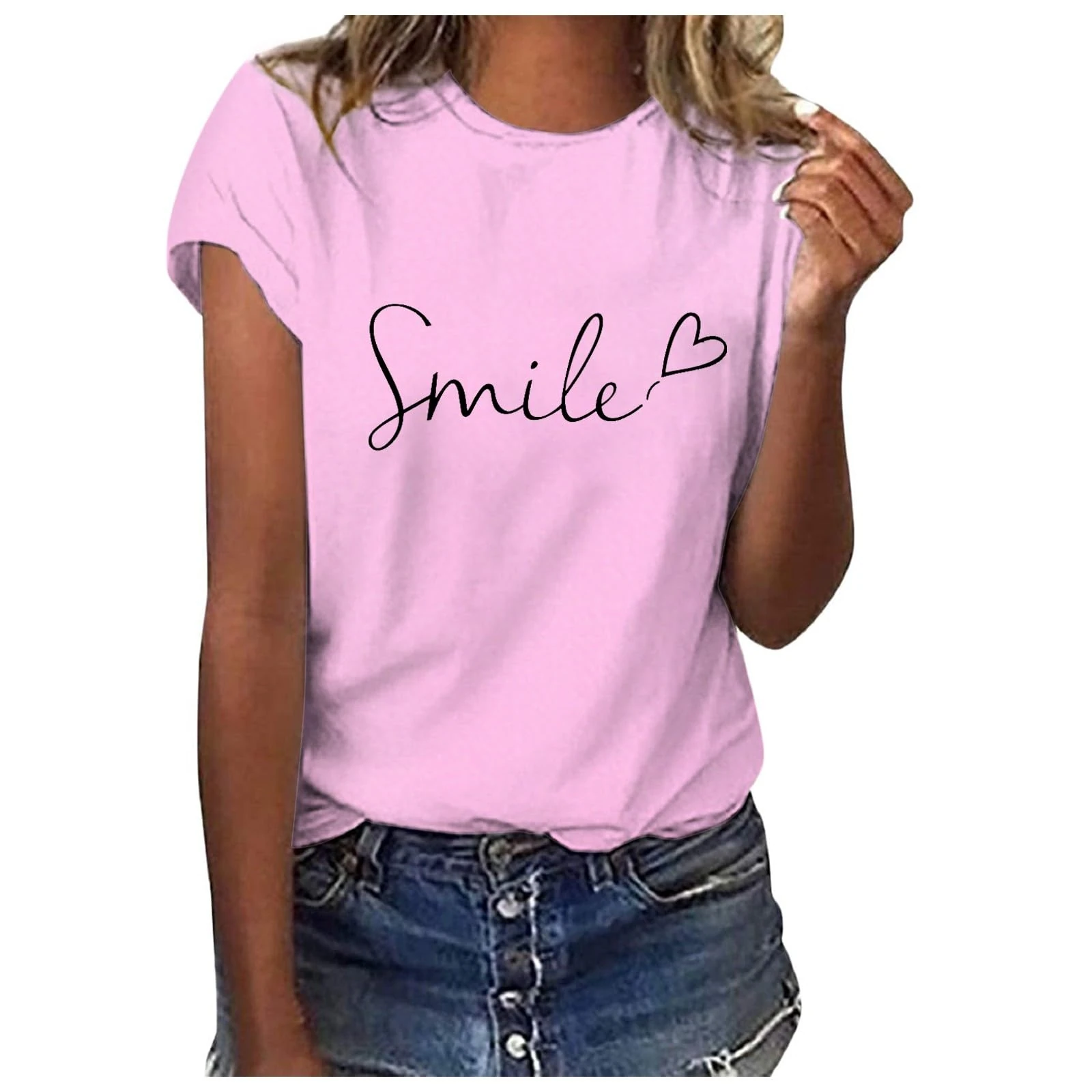 Women's Smile Letter Print Crew Neck Regular Fit T Shirt Summer Comfy Soft Short Sleeve Pullover Tops Ladies Fashion Tees Going Out Tops