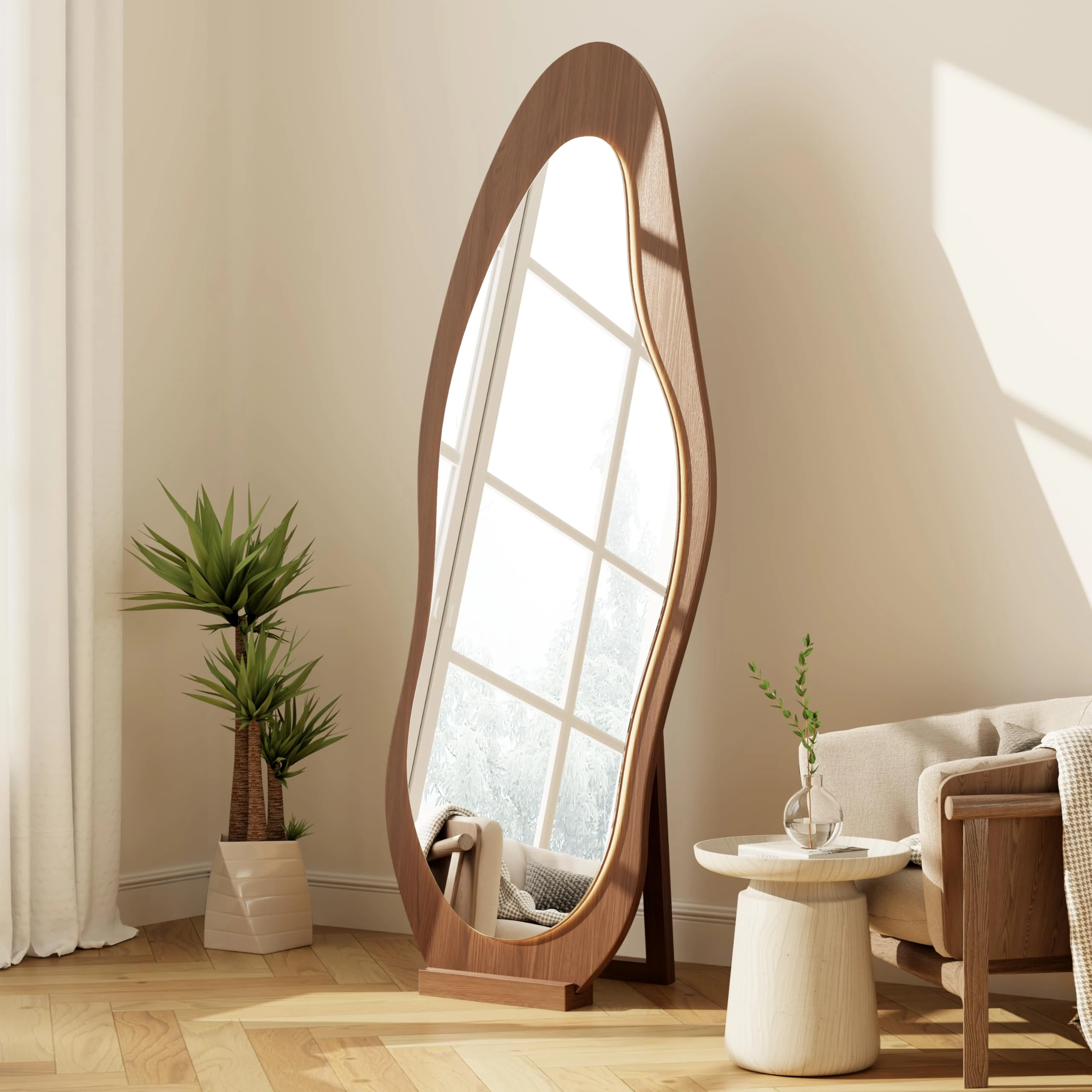 WoodsWhisper 69"x 24" Wavy Mirror Full Length,Lights Irregular led Full Length Mirror, Wavy Wall Mirror,Shatter-Proof Hanging or Leaning Against Wall for Cloakroom/Bedroom/Living Room,Walnut