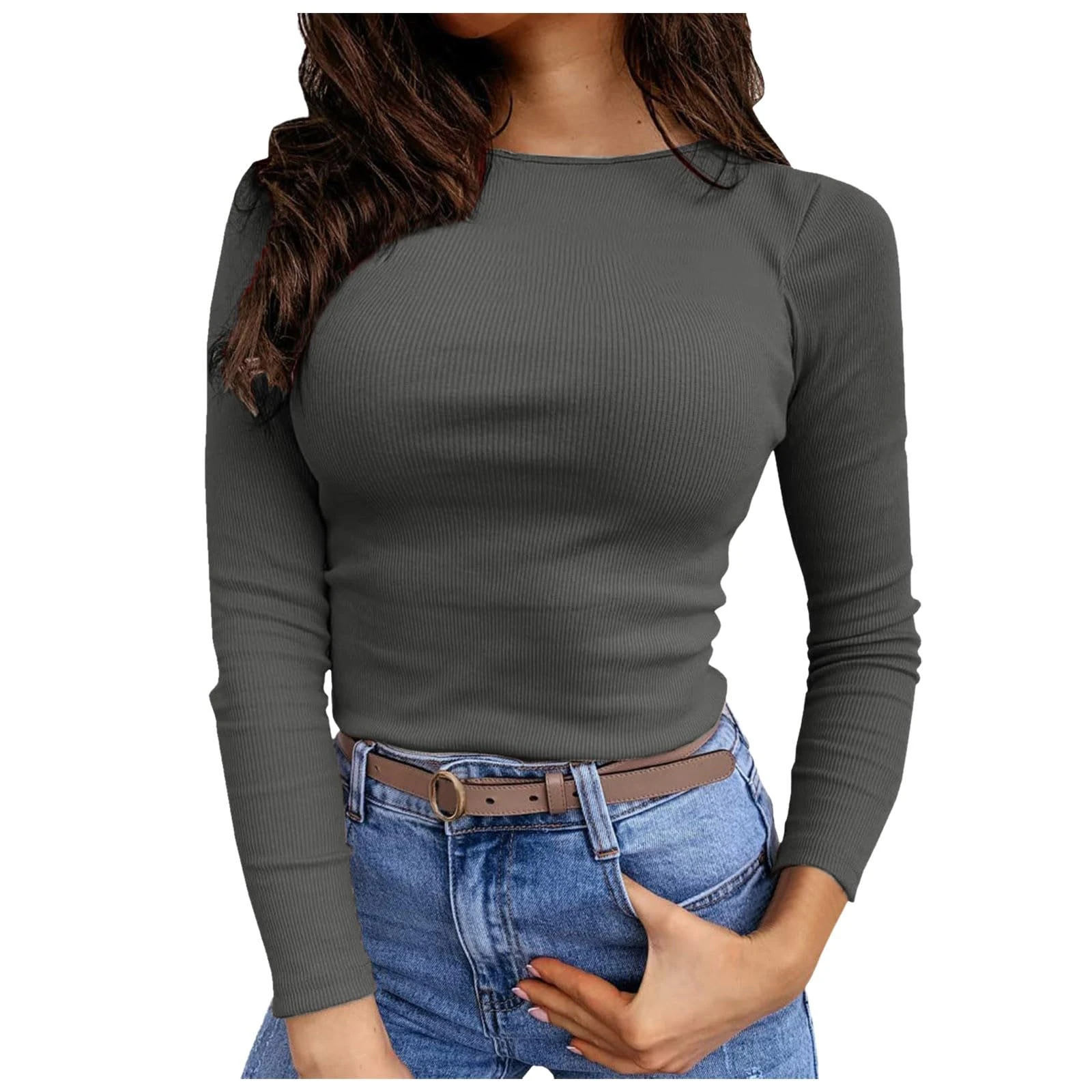 Women's Long Sleeve Ribbed Knit Fitted Crop Tops Basic Solid Color Tees Casual Ladies Crew Neck Slim Summer T Shirts Streetwear