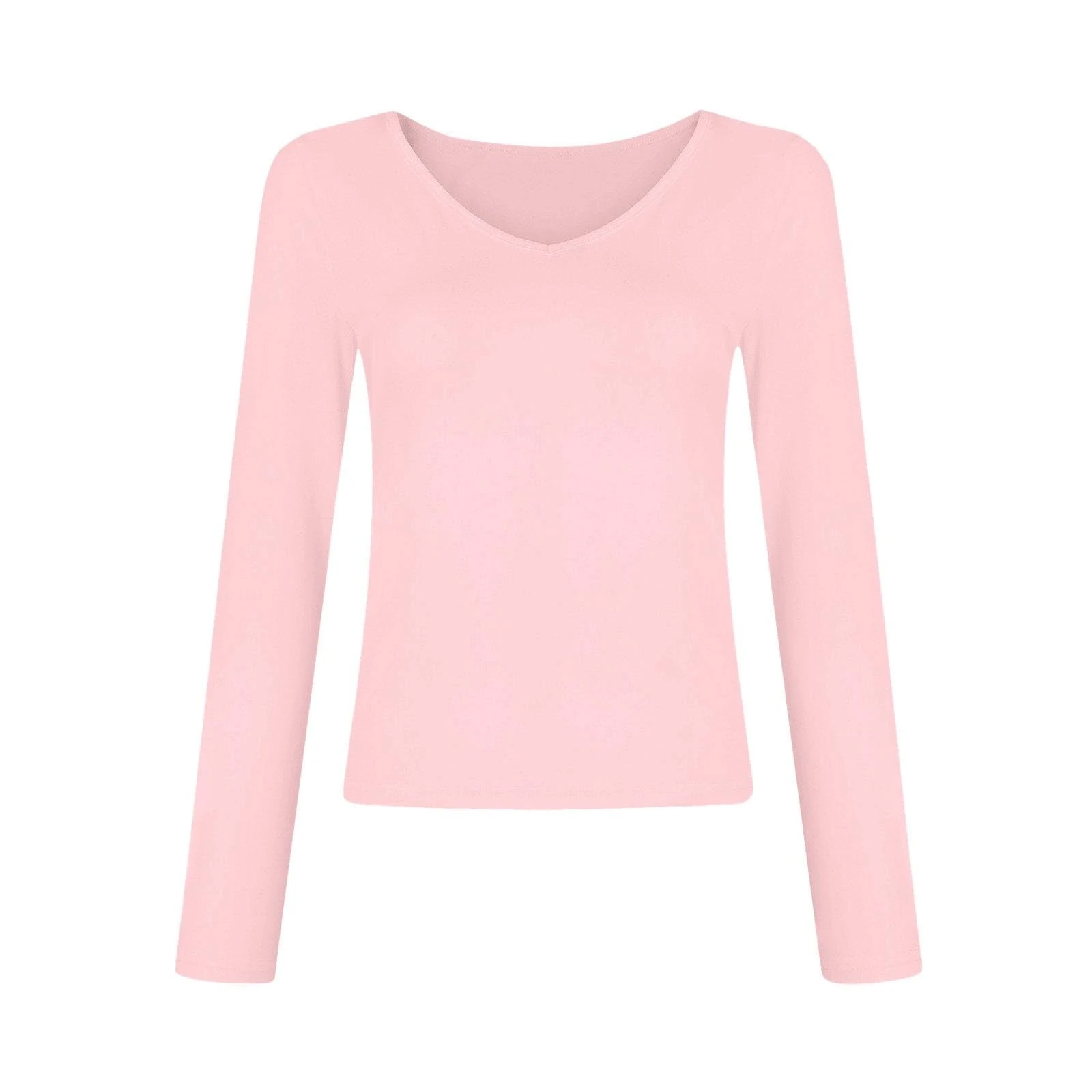 Crop Tops for Women UK V Neck Long Sleeve Slim Fitted Tees Basic Solid Color Pullover T Shirts Ladfies Spring Summer Going Out Tosp Blouse Streetwear Pink