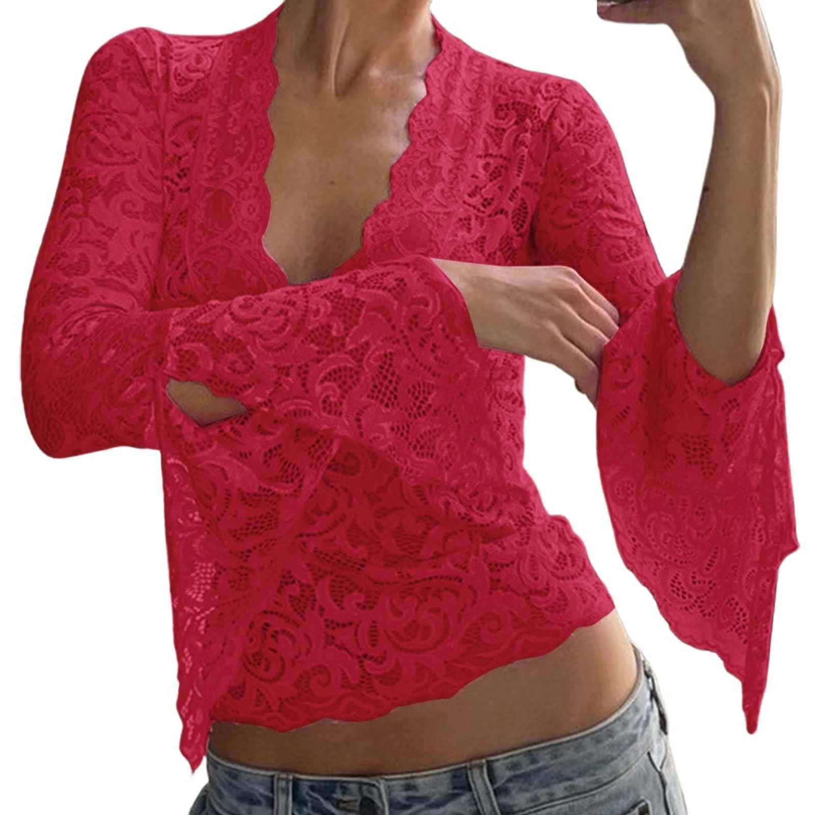 PAIDAXING Women's Y2k Lace Long Sleeve Crop Tops Sexy Sheer See Through Deep V Neck T Shirts Slim Fit Low Cut Floral Embroidery Blouse Going Out Party Tops Clubwear Concert Clothes