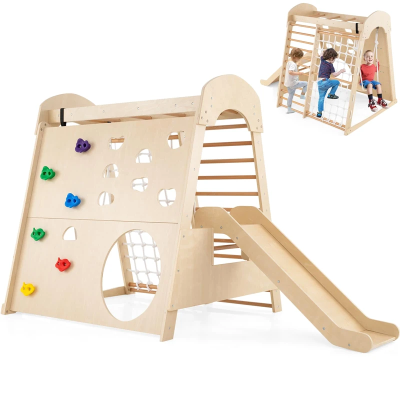 GYMAX 8 in 1 Kids Climbing Set, Wooden Toddler Climber Playset with ASlide, Climbing Rock/Net, Ladder, Crawling Hole, aSwing and Monkey Bars, Indoor Children Playground for 3+ Years Old (Natural)