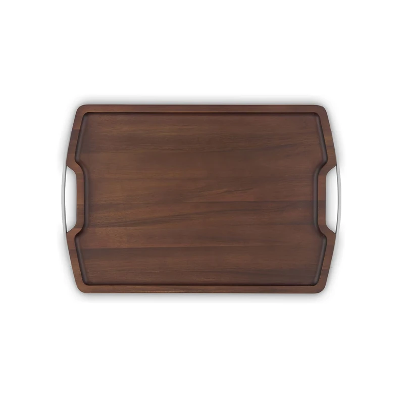 Sur La Table Core Rectangular Serving Tray, Made from Strong Acacia Wood, Brushed Nickel Handles, Walnut Colour