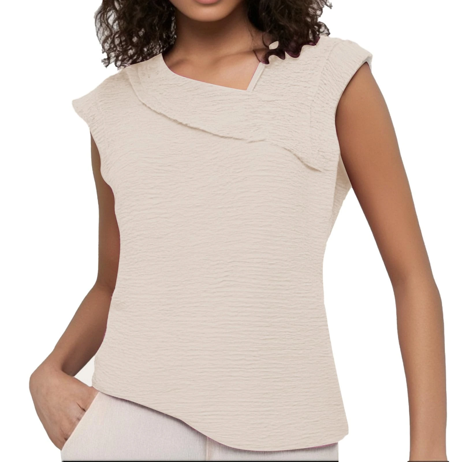 Women's Irregular Neckline Cap Sleeve Tunic Tops Solid Color Texture Dressy Tee Shirts Ladies Summer Fashion Work Office Blouse Shirt Casual Clothes Beige