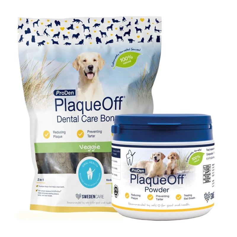 ProDen PlaqueOff 100% Natural Tartar & Bad Breath Remover for Dogs 420g Dental Powder with 13 Veggie Bones - Bundle for Healthy Teeth & Fresh Breath