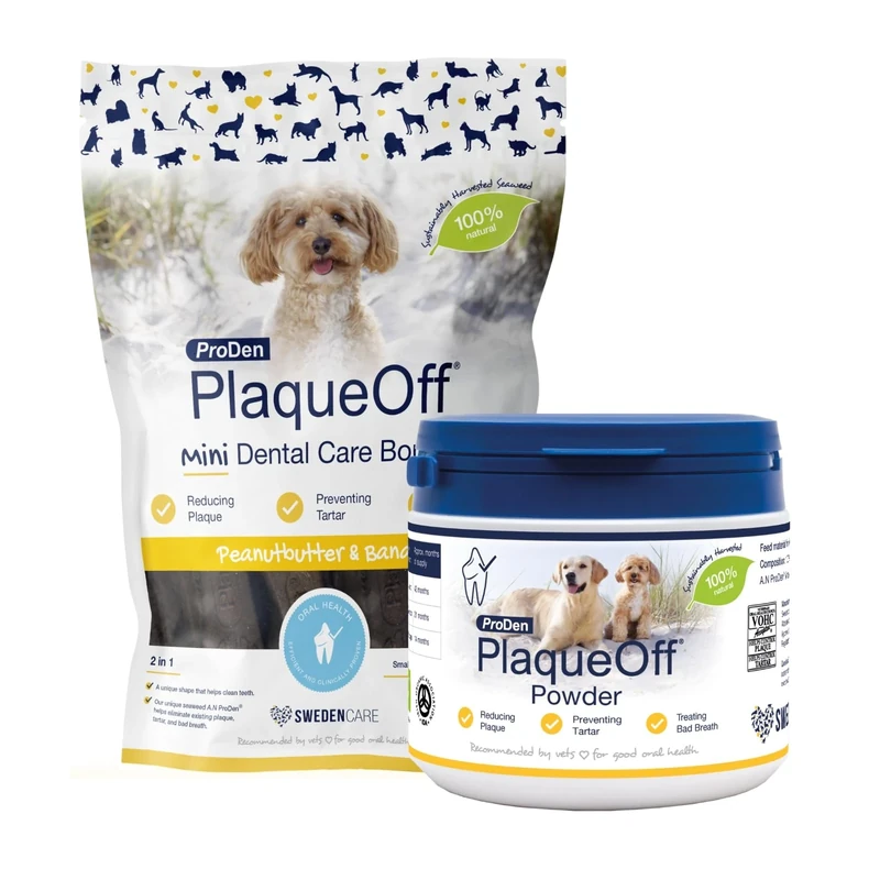 ProDen PlaqueOff 100% Natural Tartar & Bad Breath Remover for Dogs 420g Dental Powder with 20 Mini Bones - Bundle for Healthy Teeth & Fresh Breath