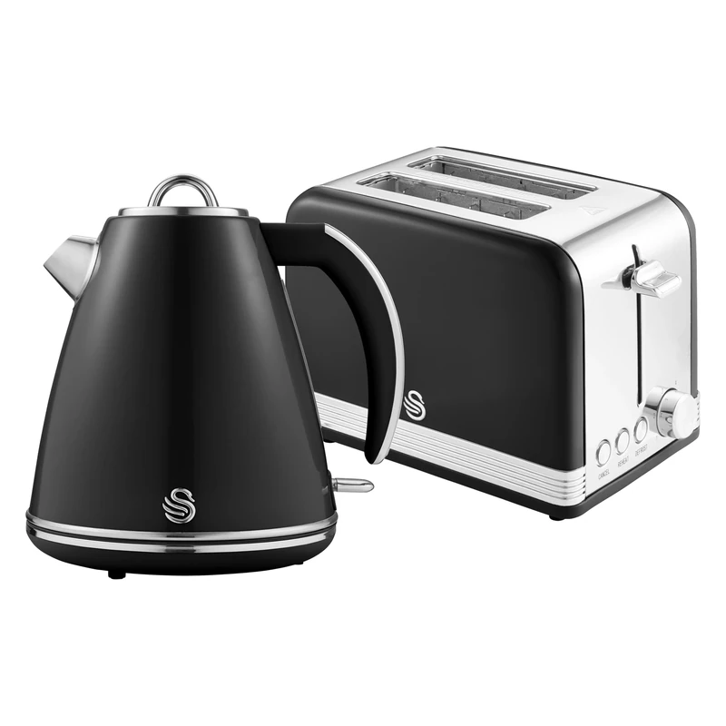 Swan EEJB293, Retro 2-Slice Toaster and Jug Kettle Set, Retro Black