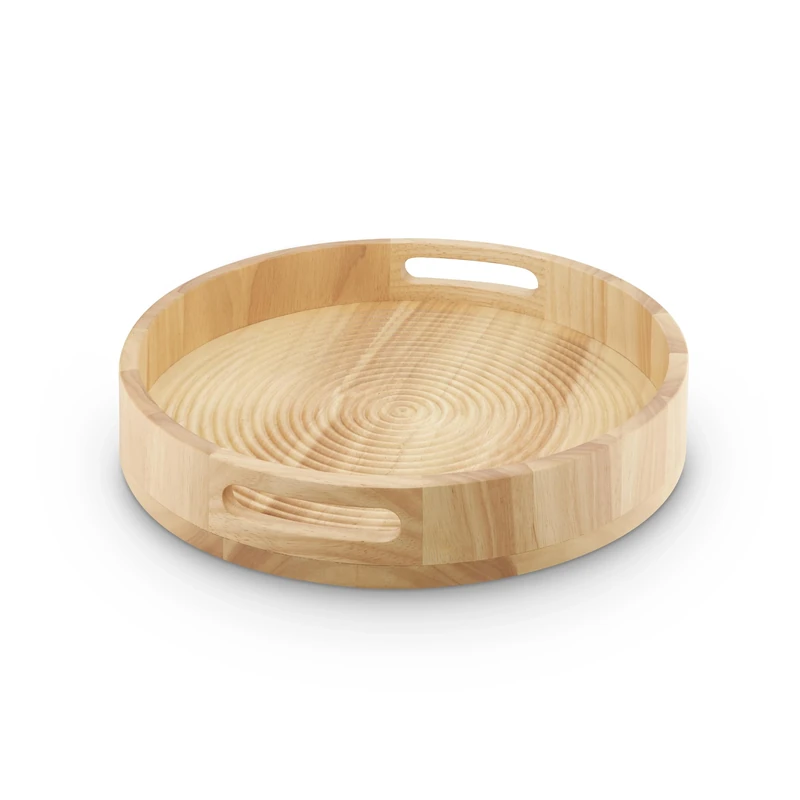 Sur La Table Large Round Serving Tray for Food and Drinks, Easy to Clean, Made from Hevea Wood with FSC Certified Materials, 35.6 x 35.6 x 6.4cm, Colour Me Happy, Natural Wood