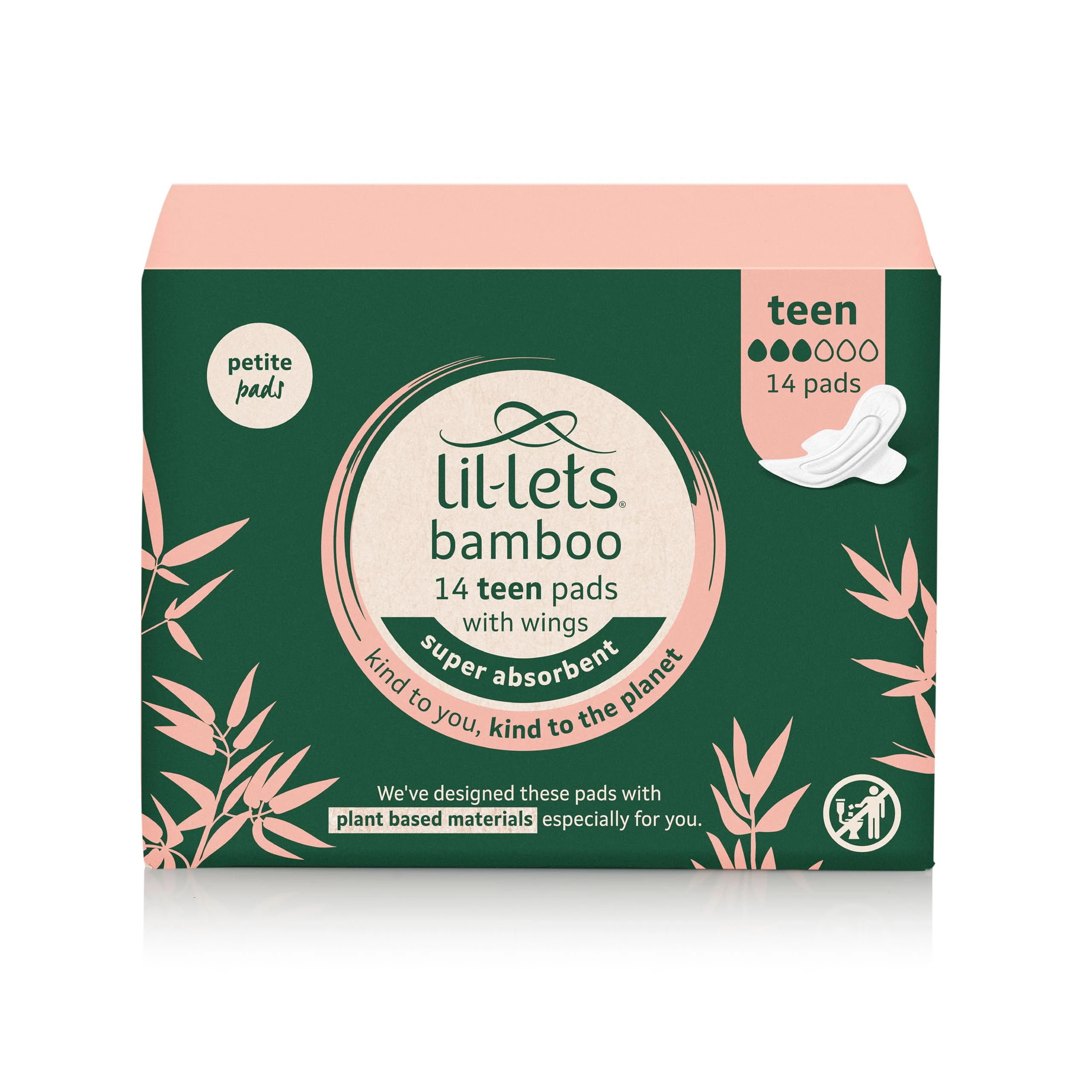 Lil-Lets Teens Bamboo Day Pads X 14, Petite Towels/Pads for Girls & Teenagers, with Wings, Plant Based Materials, Contains Sustainable Bamboo, for Light to Medium Flow