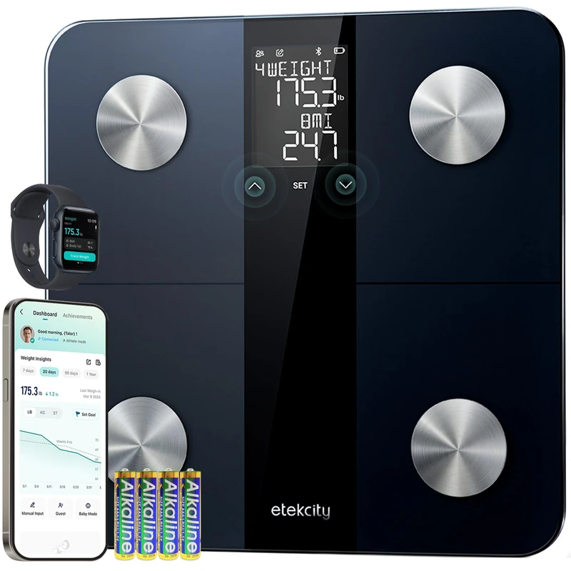 Etekcity Smart Scale for Body Weight, Bathroom Digital Scale with BMI, Body Fat, Muscle Mass with a Large Display, Support Exercise Plan, Calibration-Free & Offline Mode, Batteries Included