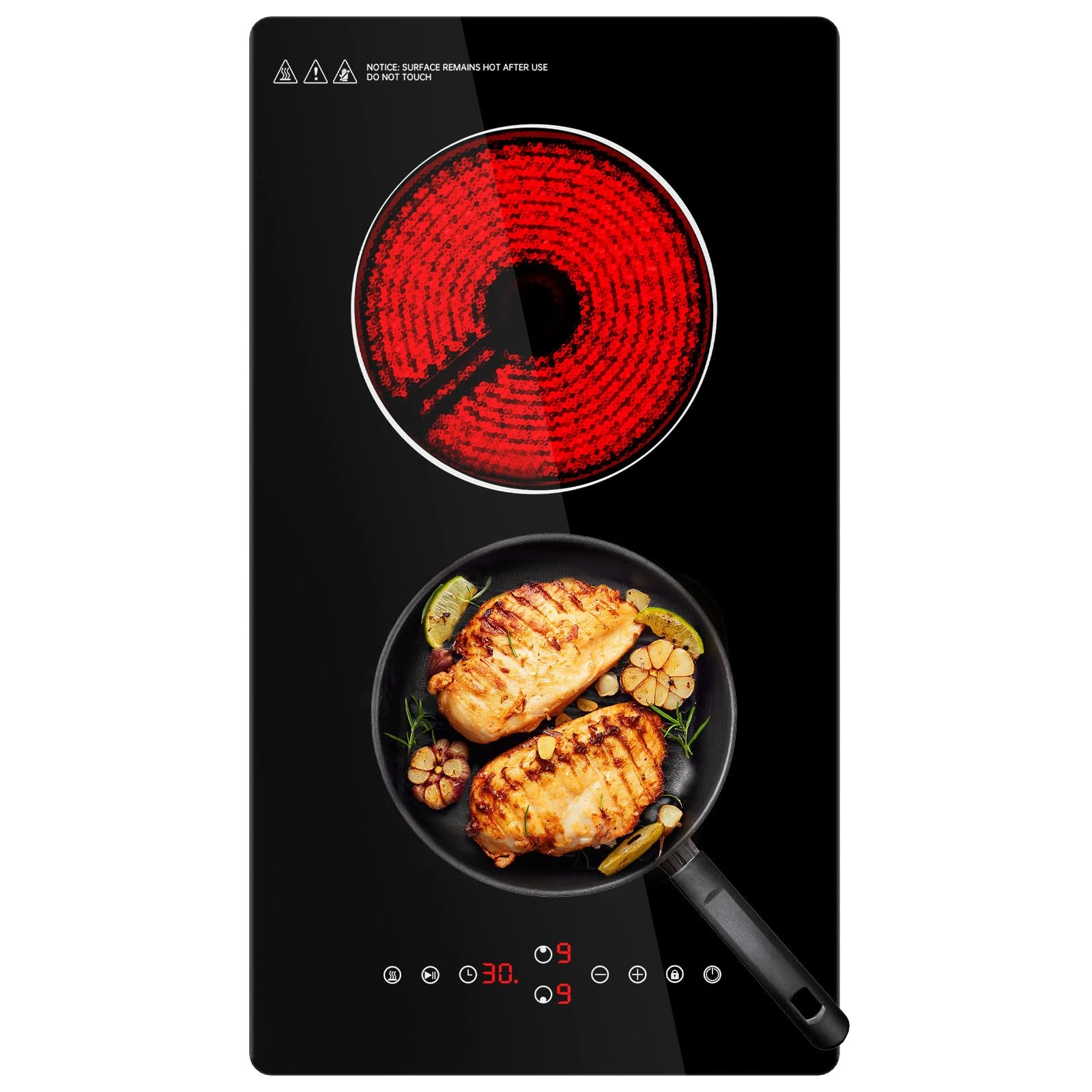 Ceramic Hob,29cm Built-in 2 Zones Electric Hob,3000W,Built in Black Glass Cooker with Touch Control, Child Safety Lock, Timer