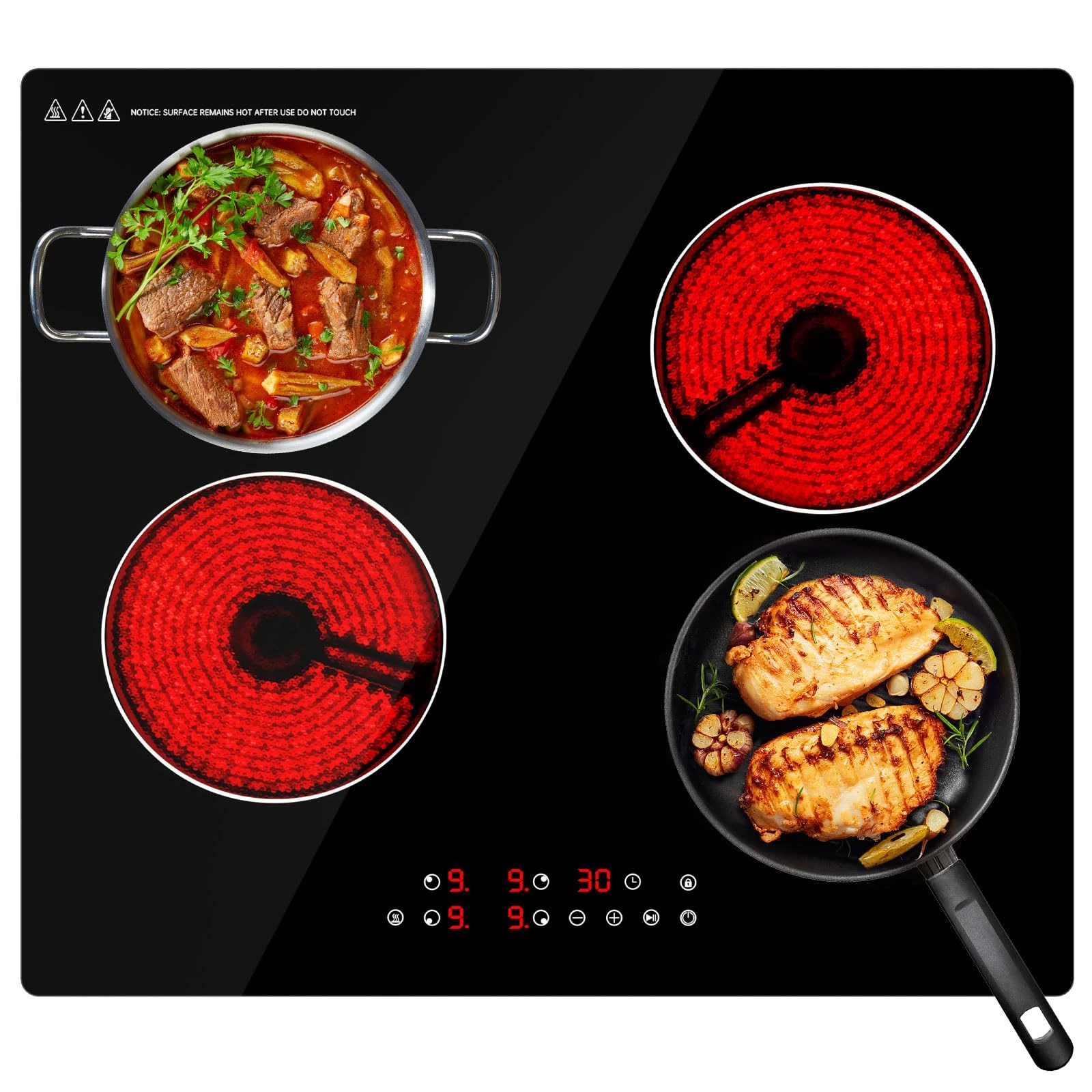 Ceramic Hob,59cm Built-in 4 Zones Electric Hob,6000W,Built in Black Glass Cooker with Touch Control, Child Safety Lock, Timer