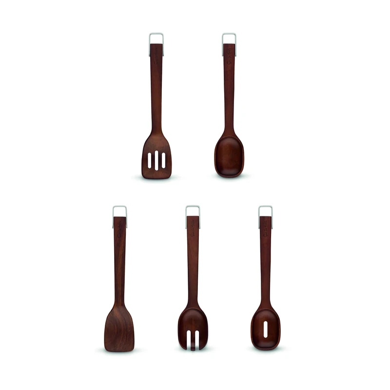 Sur La Table, Set of 5 Wooden Utensils, Solid Turner/Solid Spoon/Slotted Turner/Slotted Spoon/Salad Fork, Easy to Clean, Walnut