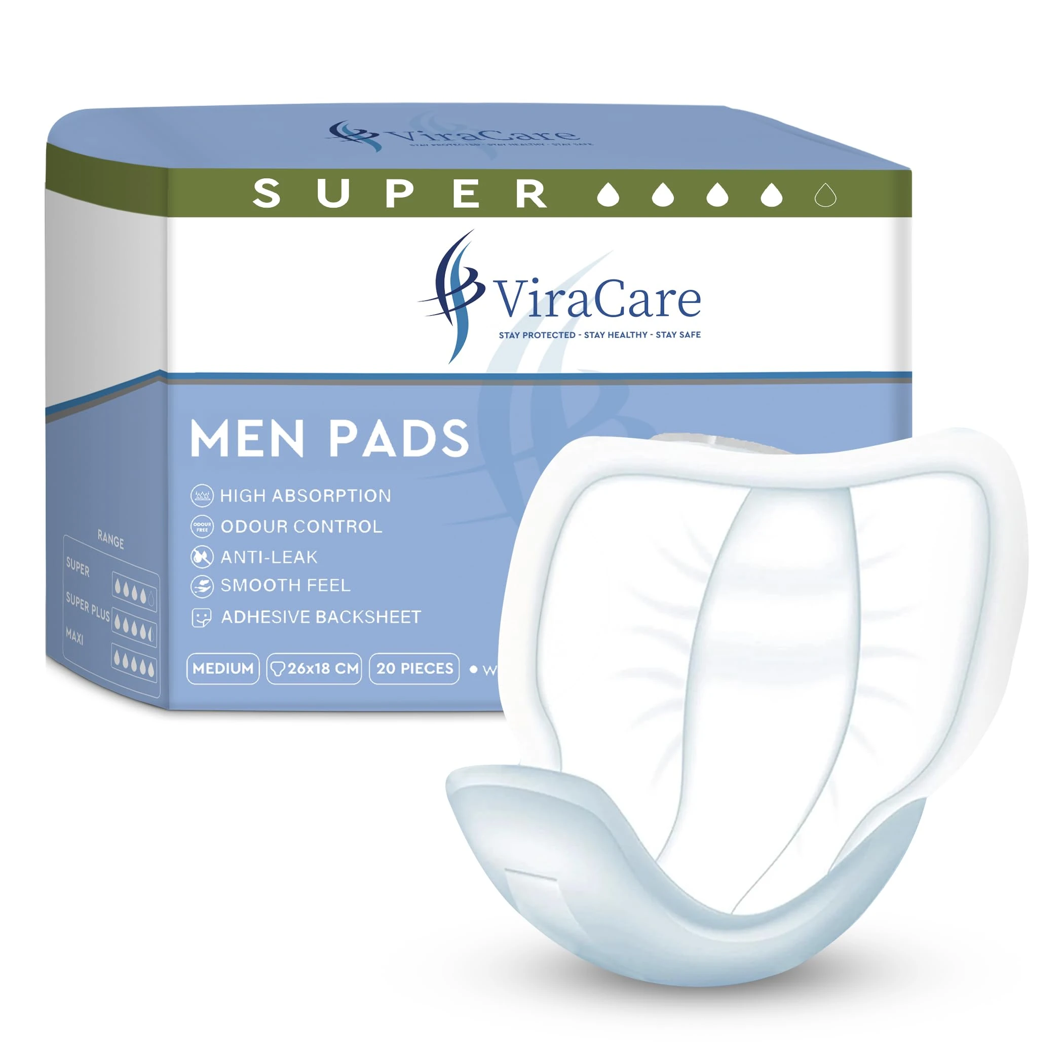 60 x Super Incontinence Pads Men | Adhesive Backsheet & High Absorption | Mens Incontinence Pads | Pad for Men | Male Incontinence Pad | Size 26x18 cm | (3 Packs of 20)