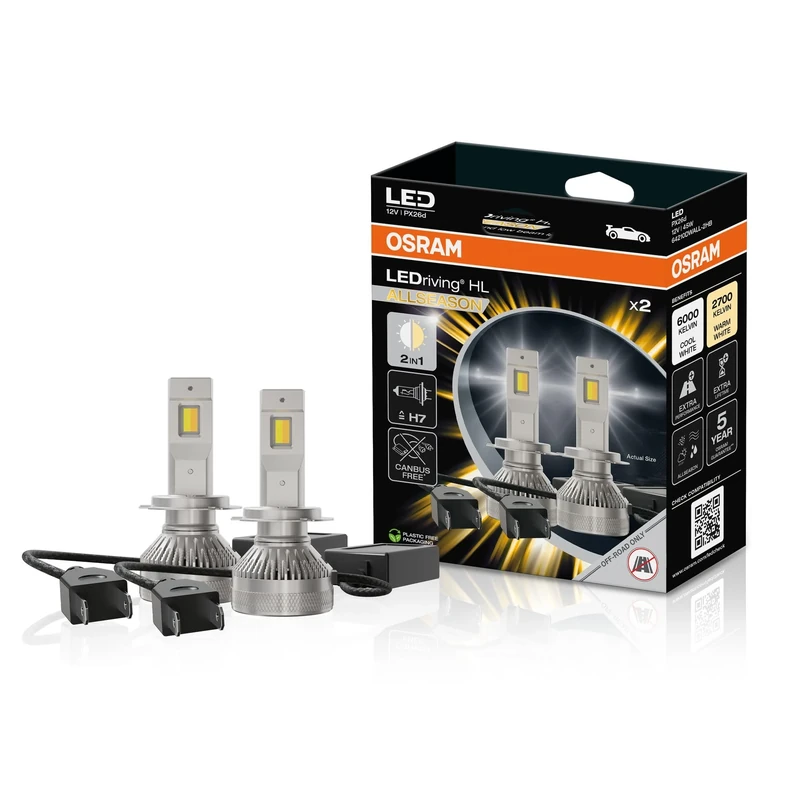 OSRAM LEDriving HL ALLSEASON ≜H7, LED high and low beam lamp, switchable light color from cool to warm white, 6000K to 2700K, offroad use only - no ECE, 2 lamps